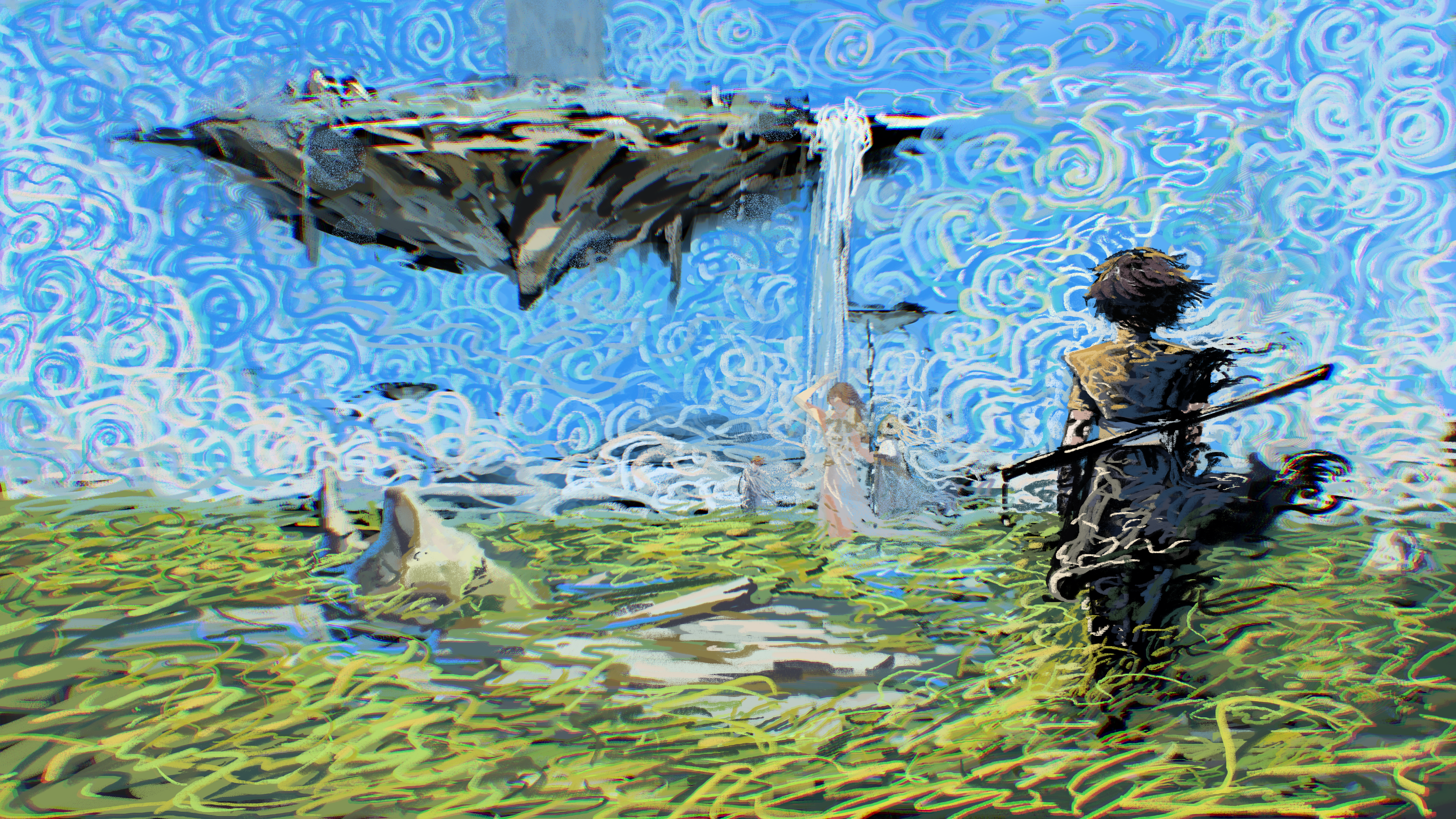 ignoramoose, cassie (shadow slave), nephis (shadow slave), sunny (shadow slave), shadow slave, absurdres, highres, 1boy, 2girls, armor, black hair, black tunic, blonde hair, blue dress, blue sky, breastplate, day, dress, floating island, full body, long hair, multiple girls, outdoors, scabbard, sheath, short hair, shoulder pads, sky, standing, tunic, water, waterfall