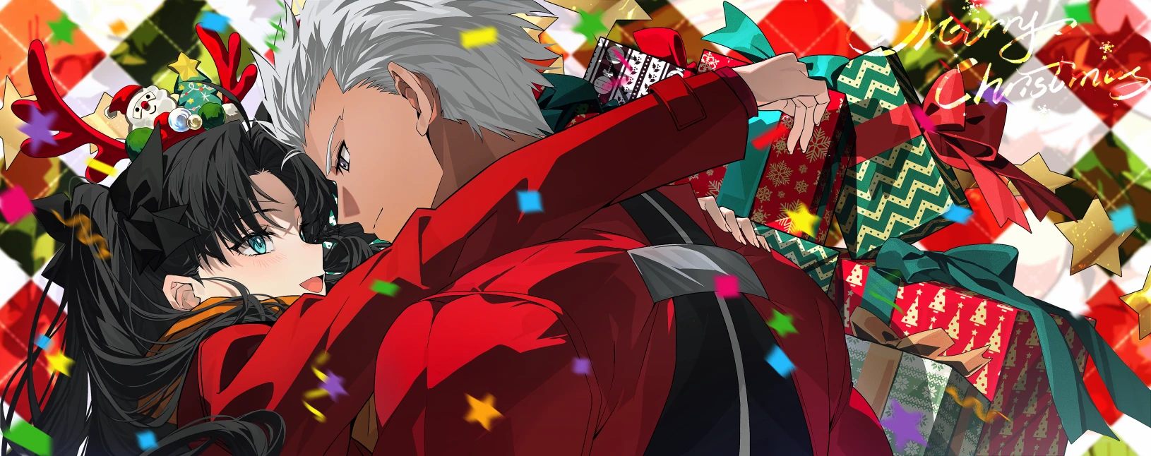 yaoshi jun, archer (fate), tohsaka rin, fate/stay night, fate (series), chinese commentary, commentary request, highres, 1boy, 1girl, antlers, black bow, black eyes, black hair, blue eyes, bow, box, christmas, coat, curtained hair, dark-skinned male, dark skin, eye contact, gift, gift box, hair bow, hair intakes, horns, hug, jacket, looking at another, merry christmas, red jacket, shrug (clothing), spiked hair, two side up, white hair