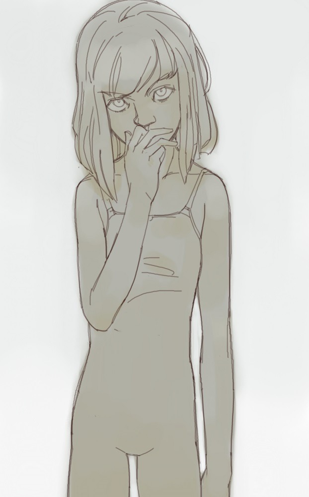 feason, maddie ziegler, original, commentary, english commentary, 1girl, bare arms, bare shoulders, covering own mouth, feet out of frame, glaring, looking at viewer, medium hair, simple background, sketch, white background