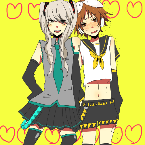 shigure wasa, ws (pixiv), hanamura yousuke, hatsune miku, kagamine rin, narukami yu, atlus, persona, persona 4, vocaloid, bad id, bad pixiv id, 2boys, brown hair, cosplay, crossdressing, crossdressing (mtf), hatsune miku (cosplay), headphones, kagamine rin (cosplay), male focus, midriff, multiple boys, ribbon, short hair, short shorts, shorts, skirt, thighhighs, trap, twintails