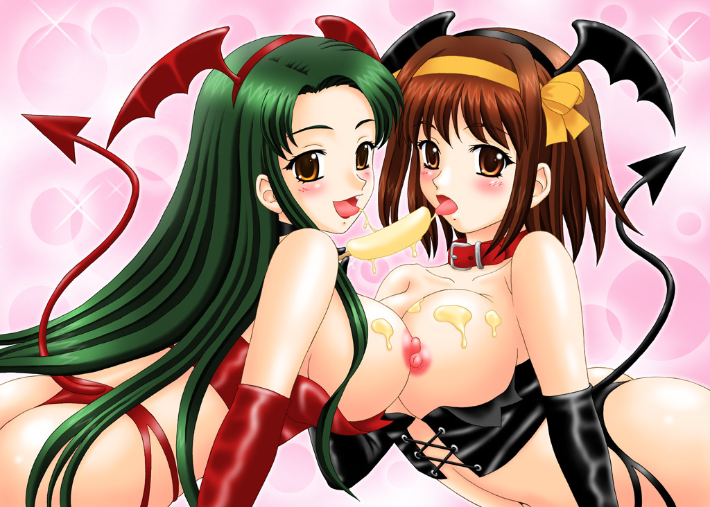yasu rintarou, suzumiya haruhi, tsuruya, suzumiya haruhi no yuuutsu, 00s, 2girls, ass, blush, breasts, brown eyes, brown hair, collar, demon girl, fang, female focus, food, green hair, hairband, multiple girls, open mouth, panties, popsicle, ribbon, smile, tail, thong, tongue, underwear, wings, yuri