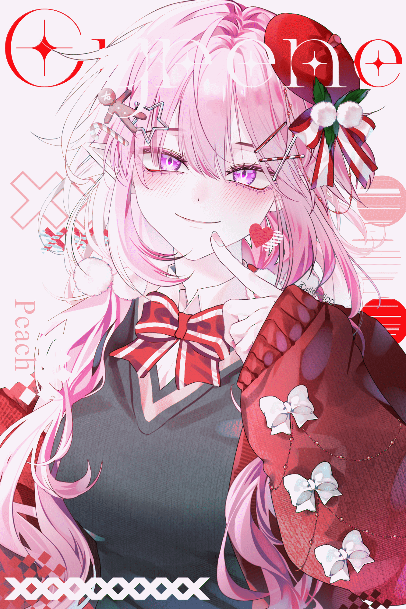 noksaene, cyrene (demiurge) (honkai: star rail), cyrene (honkai: star rail), honkai: star rail, honkai (series), commentary, highres, 1girl, alternate costume, black cardigan, breasts, cardigan, character name, diamond-shaped pupils, diamond (shape), hair ornament, heart, large breasts, long hair, looking at viewer, pink hair, pointy ears, purple eyes, red sweater, smile, solo, sweater, symbol-shaped pupils, very long hair