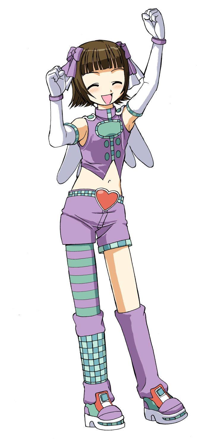 abe osami, amami haruka, idolmaster, idolmaster (classic), striped, highres, 00s, 1girl, asymmetrical clothes, brown hair, closed eyes, cosmic & funny (idolmaster), elbow gloves, female focus, full body, gloves, happy, pantyhose, short hair, simple background, solo, standing, white background