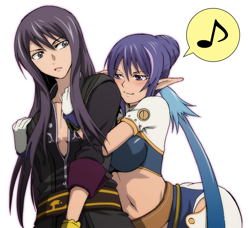 taguchi kenji (omaep), judith (tales), yuri lowell, tales of (series), tales of vesperia, 00s, 1boy, 1girl, black eyes, black hair, blue hair, blush, bracelet, gloves, hetero, hug, hug from behind, jewelry, long hair, midriff, musical note, pointy ears, purple eyes, smile, white gloves