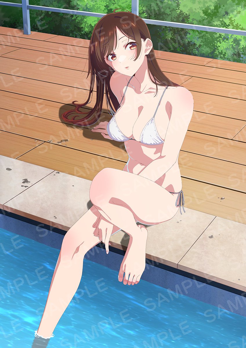 mizuhara chizuru, kanojo okarishimasu, artist request, commentary request, highres, official art, 1girl, :o, barefoot, bikini, breasts, brown eyes, brown hair, large breasts, long hair, looking at viewer, outdoors, pool, sample watermark, solo, swimsuit, tree, watermark, white bikini