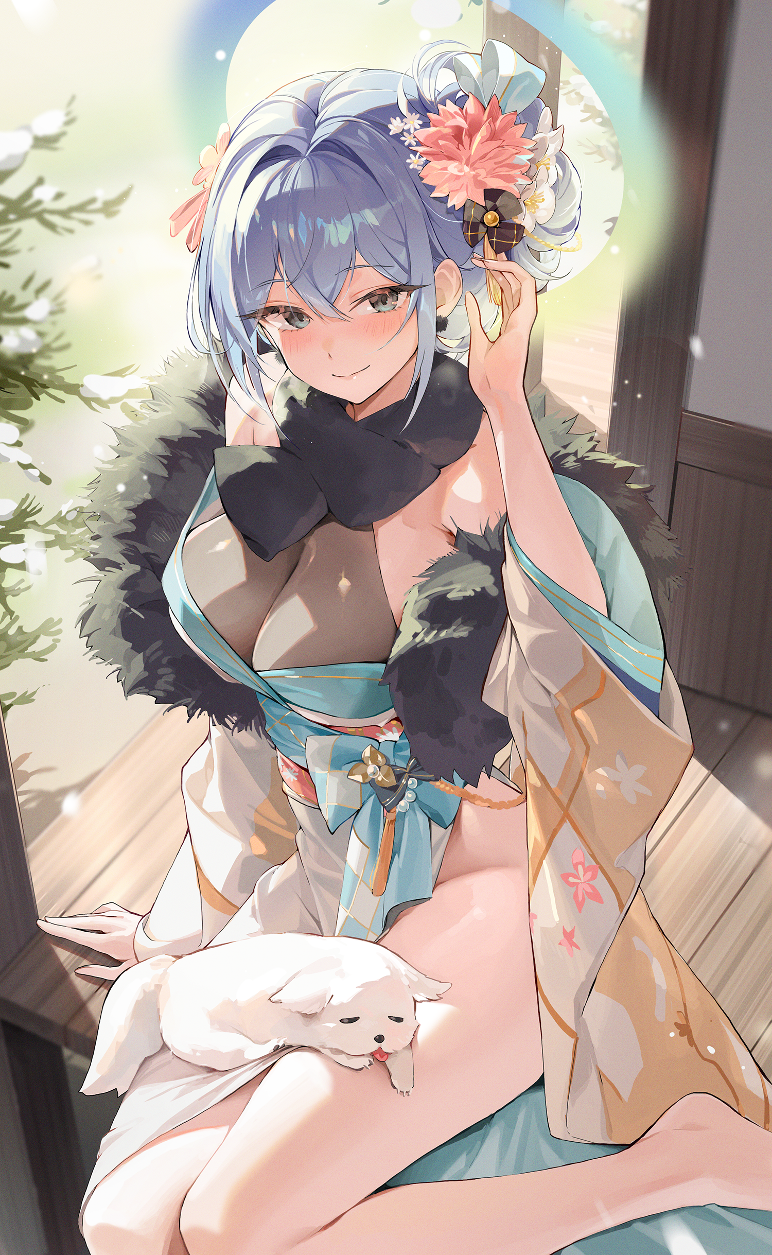 choyeon, original, absurdres, commentary request, highres, korean commentary, 1girl, animal, animal on lap, bare legs, bare shoulders, barefoot, blue eyes, blue hair, breasts, cleavage, closed mouth, dog, dog on lap, feather boa, flower, hair flower, hair ornament, hand up, korean clothes, large breasts, long hair, long sleeves, looking at viewer, no panties, on lap, see-through cleavage, see-through clothes, side slit, smile, solo, thighs, wide sleeves