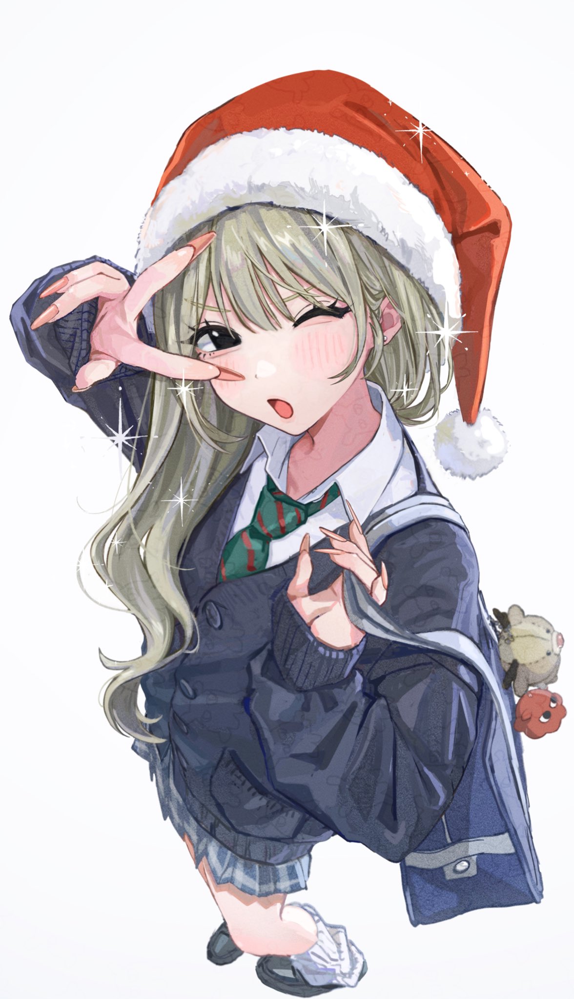 hamafugu, original, highres, 1girl, bag, blonde hair, hat, long hair, loose socks, one eye closed, santa hat, school bag, school uniform, socks, v