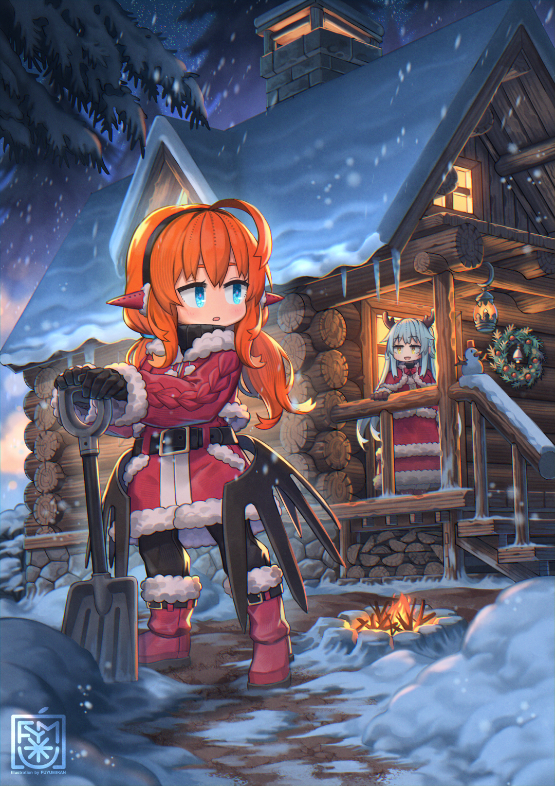 nagi itsuki, original, bilingual commentary, commentary, english commentary, highres, mixed-language commentary, 2girls, ahoge, belt, black belt, blue eyes, boots, brown eyes, christmas wreath, earmuffs, fire, grey hair, holding, holding shovel, house, lantern, long hair, looking at another, multiple girls, night, orange hair, outdoors, parted lips, planted, planted shovel, pointy ears, railing, red boots, santa costume, scenery, shovel, snow, snow shovel, snowing, stairs, tree, window, wreath