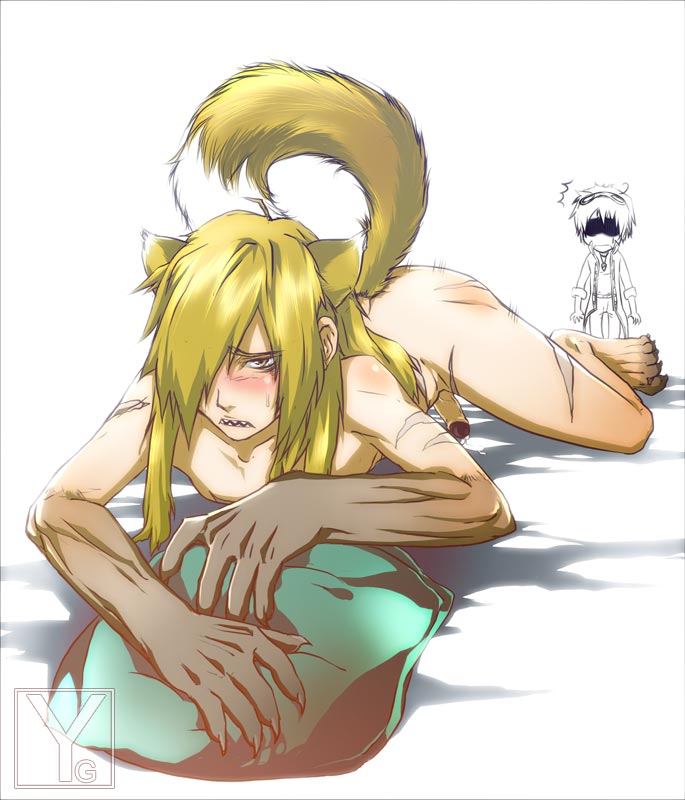 yanagoya, simon, viral, tengen toppa gurren lagann, animal ears, animal hands, blonde hair, blush, cum, gloves, goggles, long hair, nude, penis, scar, spread legs, sweatdrop, tail, yaoi