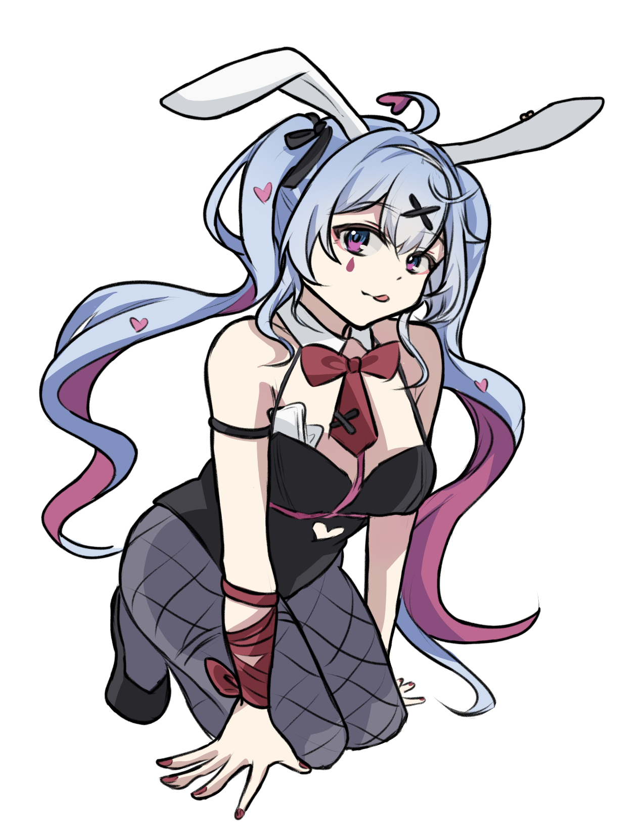 hatsune miku, rabbit hole (vocaloid), vocaloid, chinese commentary, commentary request, highres, 1girl, :q, ahoge, animal ears, bare shoulders, black leotard, black pantyhose, black shoes, blue hair, breasts, closed mouth, detached collar, fake animal ears, fingernails, fishnet pantyhose, fishnets, full body, hair ornament, heart, heart hair ornament, kneeling, leotard, long hair, looking at viewer, medium breasts, multicolored hair, nail polish, pantyhose, pink eyes, pink hair, playboy bunny, ray baiye, red nails, shoes, simple background, solo, teardrop facial mark, tongue, tongue out, twintails, two-tone hair, white background, x hair ornament