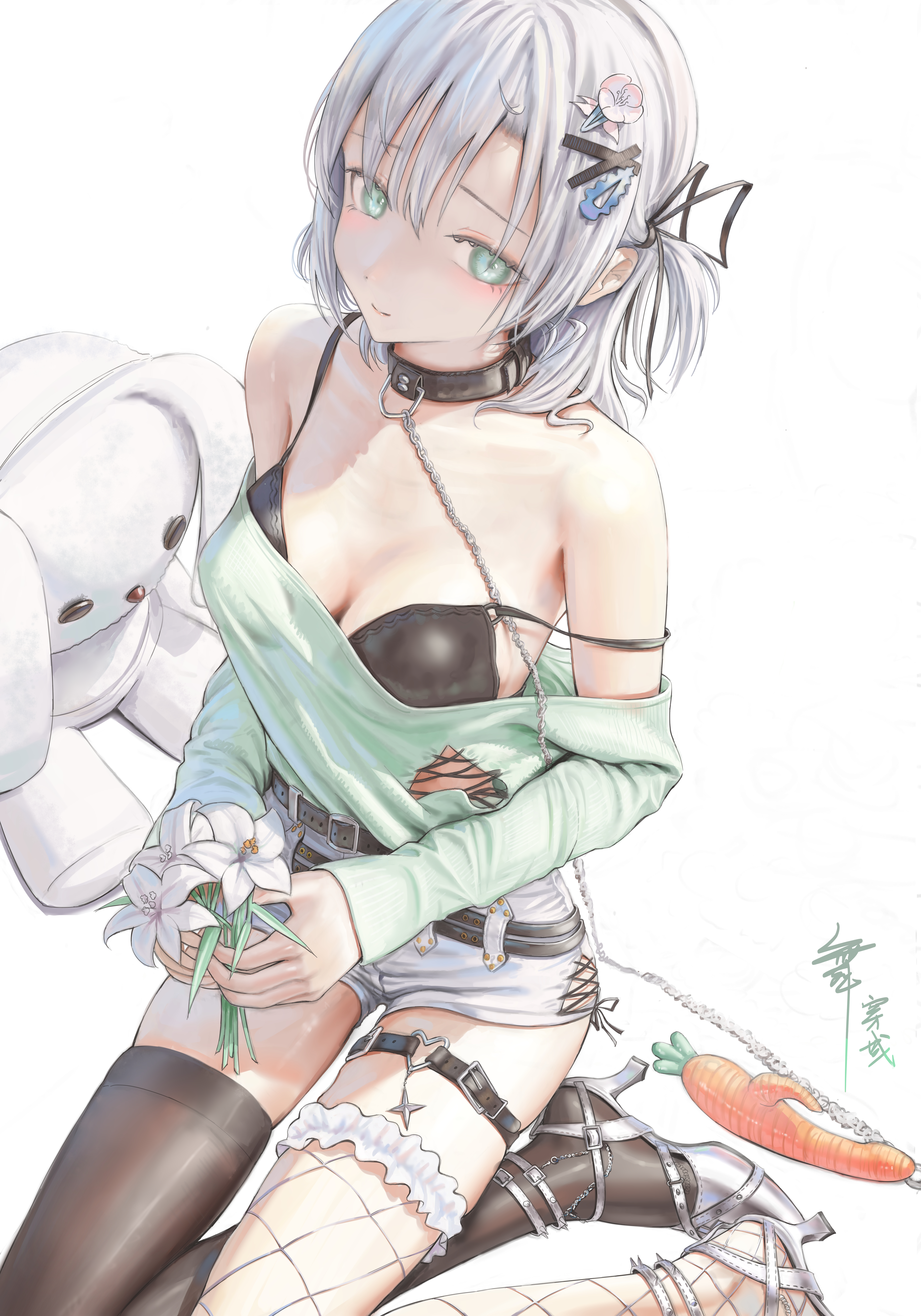 jiawenqing, original, absurdres, commentary request, highres, 1girl, asymmetrical legwear, bare shoulders, belt collar, black bra, black thighhighs, bra, breasts, cleavage, collar, dildo, fishnet thighhighs, fishnets, flower, green eyes, green shirt, hair between eyes, hair ornament, hairclip, high heels, holding, holding flower, medium breasts, mismatched legwear, off-shoulder shirt, off shoulder, one side up, rabbit vibrator, sex toy, shirt, short shorts, shorts, sitting, solo, strap slip, stuffed toy, thigh strap, thighhighs, underwear, vibrator, white background, white hair, white shorts, yokozuwari