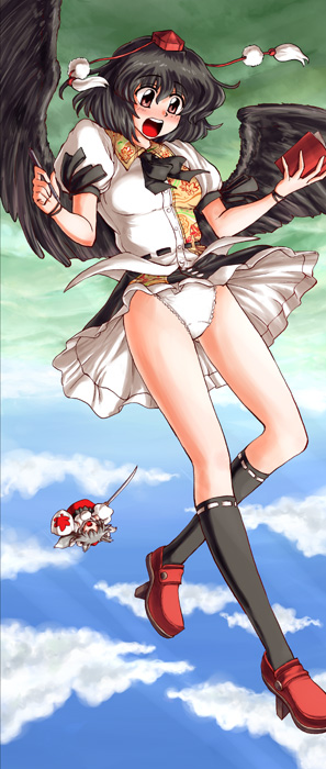 miyamoto ryuuichi, inubashiri momiji, shameimaru aya, touhou, black legwear, bad id, bad pixiv id, 2girls, black hair, book, cloud, female focus, flying, geta, multiple girls, outdoors, panties, sky, socks, surprised, tengu-geta, underwear, upside-down, white panties