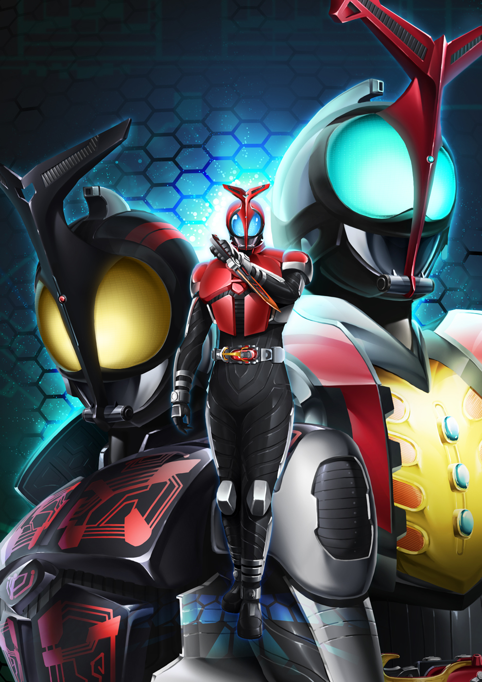 hokuto (hokuto pk), kamen rider dark kabuto, kamen rider kabuto, kamen rider kabuto (hyper form), kamen rider, kamen rider kabuto (series), highres, belt, glowing, glowing eyes, horns, sword, weapon