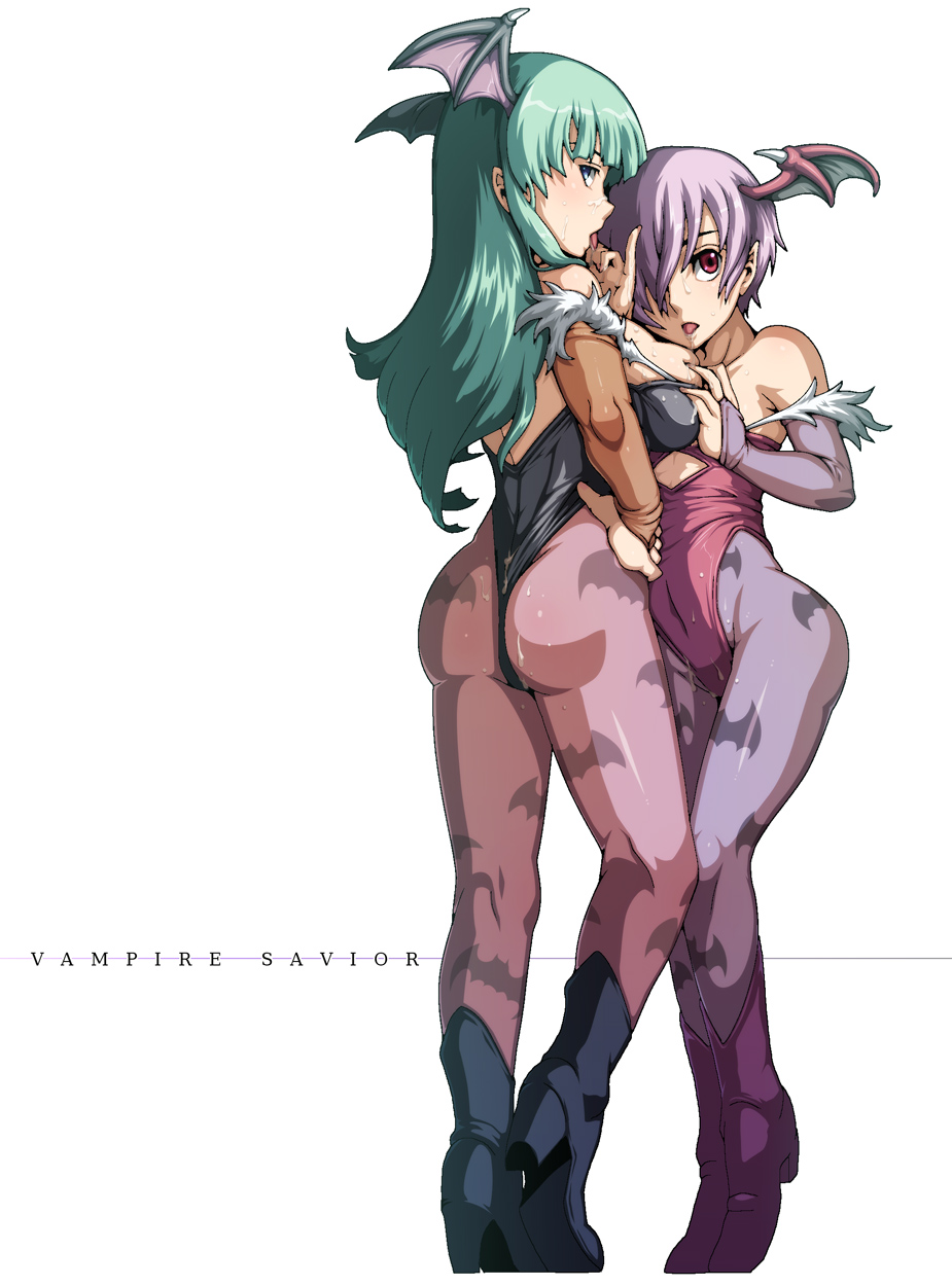 tabigarasu, lilith (darkstalkers), morrigan aensland, capcom, darkstalkers, print legwear, highres, 2girls, age difference, animal print, ass, back, bare shoulders, bat print, boots, breasts, bridal gauntlets, demon girl, grabbing another's breast, green hair, groping, head wings, height difference, large breasts, leotard, loli, long hair, looking back, multiple girls, onee-loli, pantyhose, pinky out, purple hair, saliva, short hair, sweat, wings, yuri