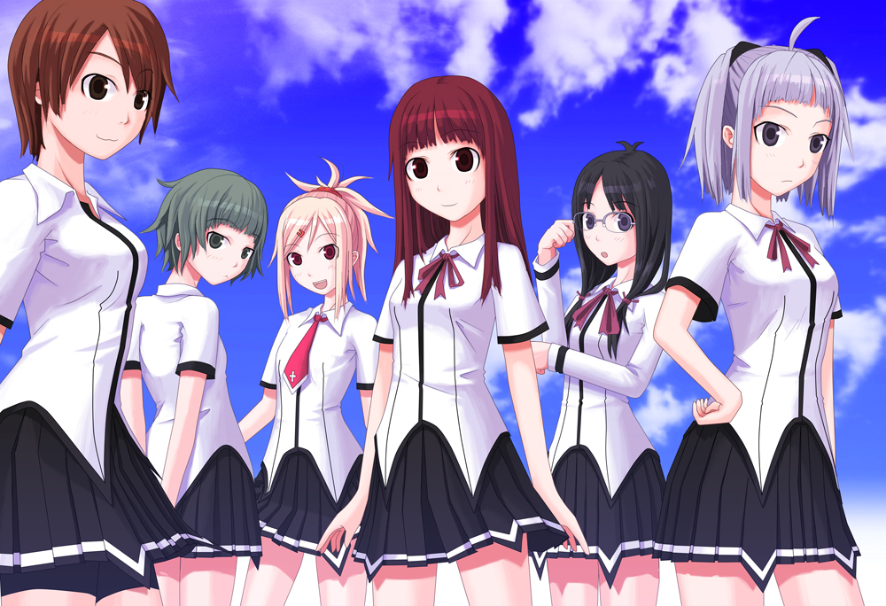 808, original, 6+girls, ahoge, glasses, long hair, multiple girls, school uniform, short hair