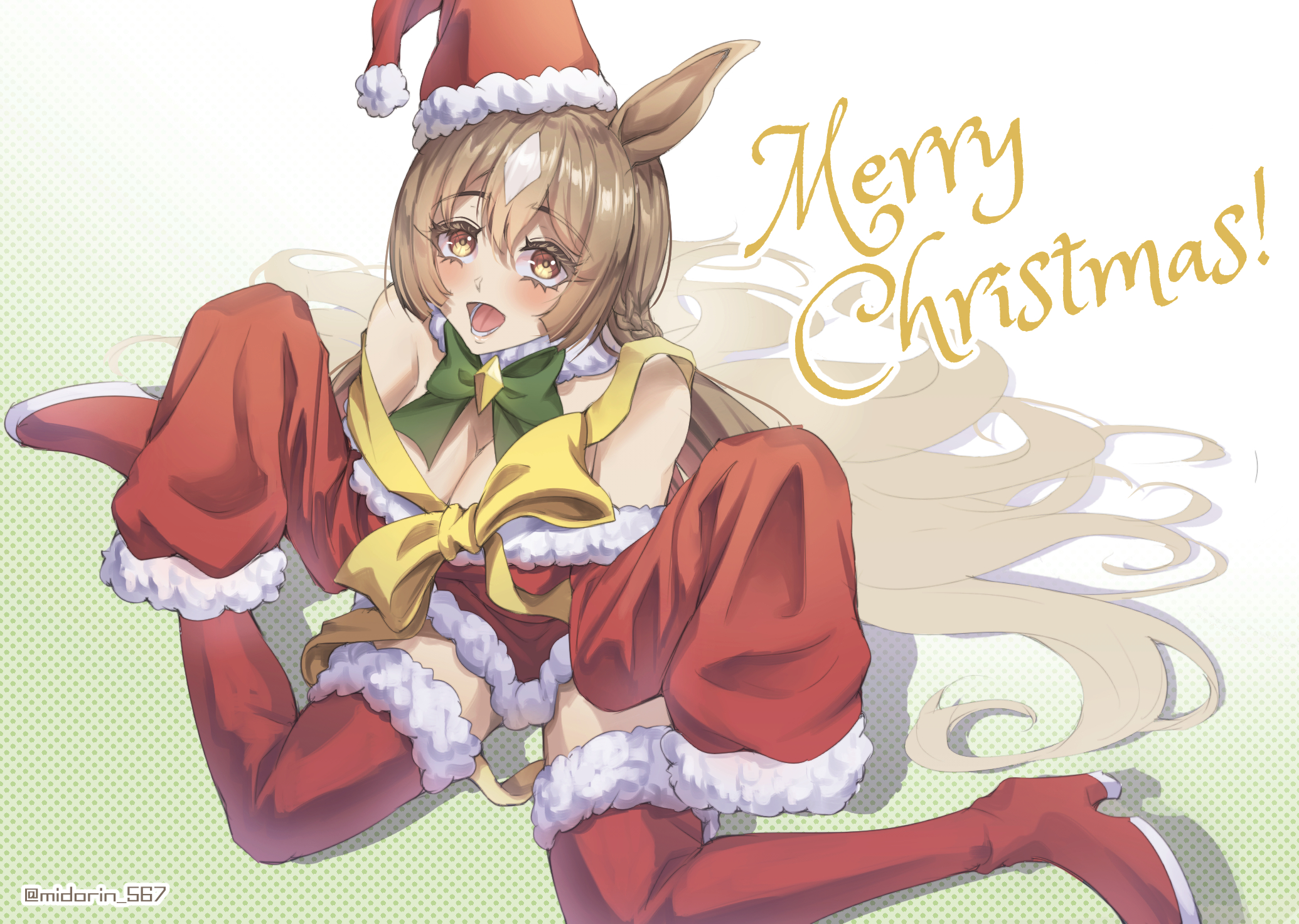 midorin 567, satono diamond (umamusume), umamusume, commentary, english commentary, highres, 1girl, animal ears, bare shoulders, blush, boots, bow, braid, breasts, brown eyes, brown hair, christmas, cleavage, double-parted bangs, dress, fur-trimmed dress, fur-trimmed headwear, fur trim, green bow, hair between eyes, hat, horse ears, horse girl, horse tail, large breasts, long hair, long sleeves, looking at viewer, multicolored hair, open mouth, red boots, red dress, red hat, ribbon, santa costume, santa dress, santa hat, sitting, sleeves past fingers, sleeves past wrists, smile, solo, streaked hair, tail, teeth, thigh boots, very long hair, wariza, yellow bow, yellow ribbon