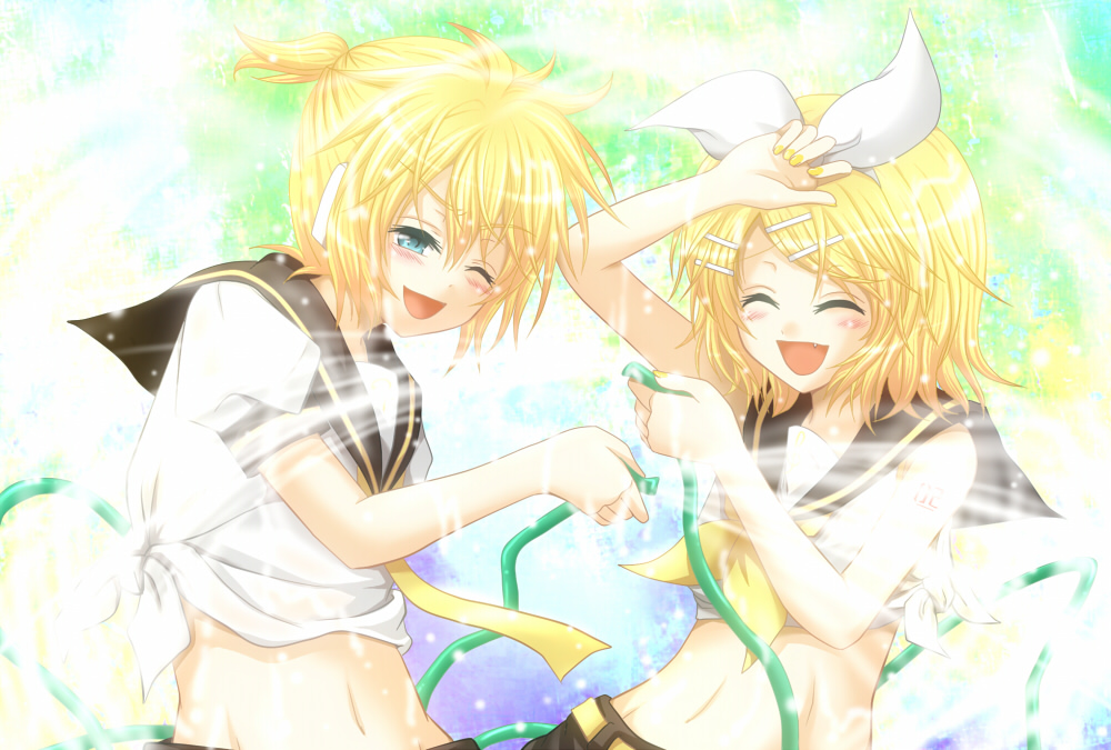 zashiki usagi, kagamine len, kagamine rin, vocaloid, 1boy, 1girl, blonde hair, brother and sister, hose, one eye closed, siblings, twins, water, wink