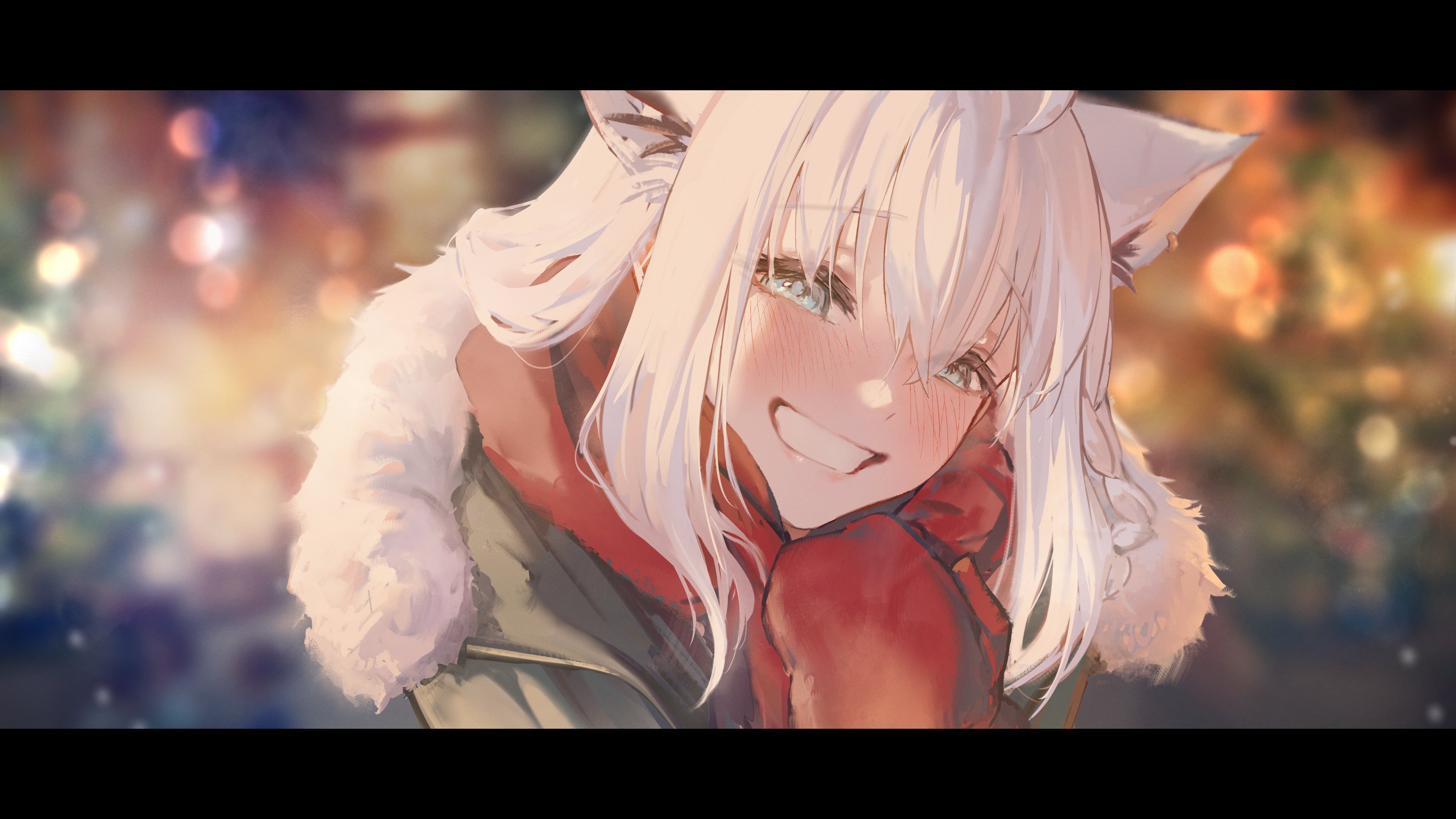 hyde (tabakko), shirakami fubuki, hololive, absurdres, commentary request, highres, 1girl, :d, animal ear piercing, animal ears, aqua eyes, blurry, blurry background, braid, double-parted bangs, extra ears, fox ears, fox girl, fur-trimmed jacket, fur trim, gloves, green jacket, grin, hair between eyes, jacket, long hair, looking at viewer, open mouth, outdoors, pov, red gloves, red scarf, scarf, side braid, single braid, smile, virtual youtuber, white hair