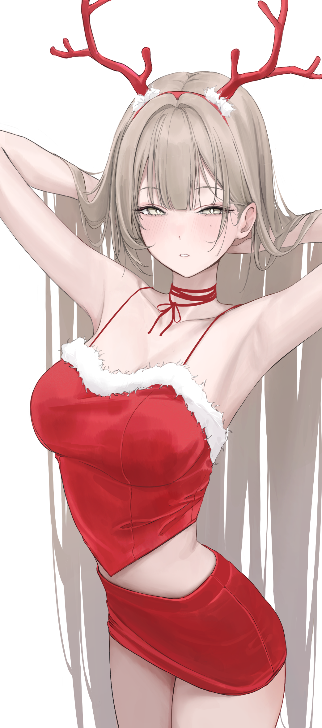 laneigu, yuzu (laneigu), original, commentary, highres, 1girl, antlers, armpits, arms behind back, blonde hair, blush, fake horns, fur trim, hairband, hands in own hair, horn hairband, horns, long hair, looking at viewer, miniskirt, mole, mole under eye, parted lips, pencil skirt, red skirt, red tank top, reindeer antlers, santa costume, skirt, solo, tank top, very long hair, yellow eyes
