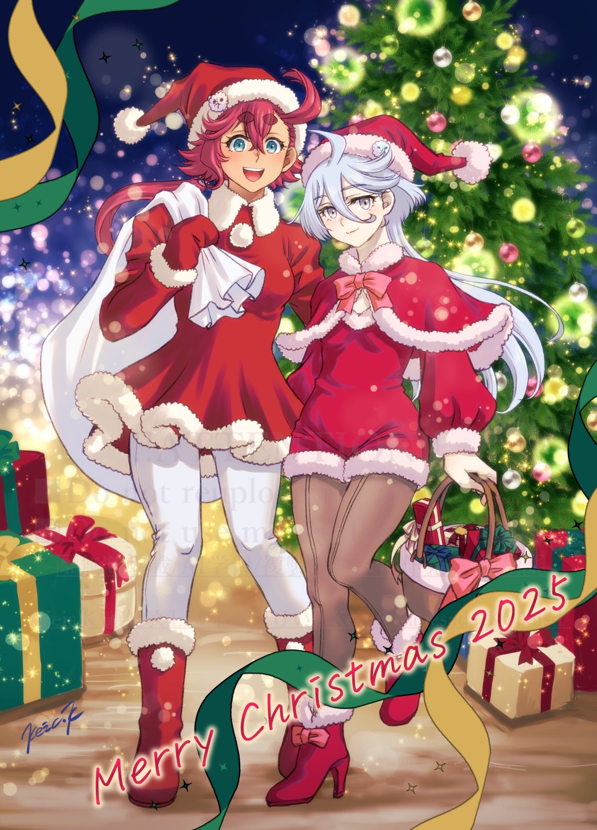 kanesada keishi, miorine rembran, suletta mercury, gundam, gundam suisei no majo, commentary request, highres, 2girls, blue eyes, boots, box, christmas, christmas tree, dark skin, dress, gift, gift box, gloves, grey eyes, hat, holding, holding sack, long hair, looking at viewer, multiple girls, night, open mouth, outdoors, pantyhose, red boots, red dress, red eyes, red gloves, sack, santa costume, santa dress, santa hat, short hair, smile, snowing, standing, teeth, upper teeth only, white hair