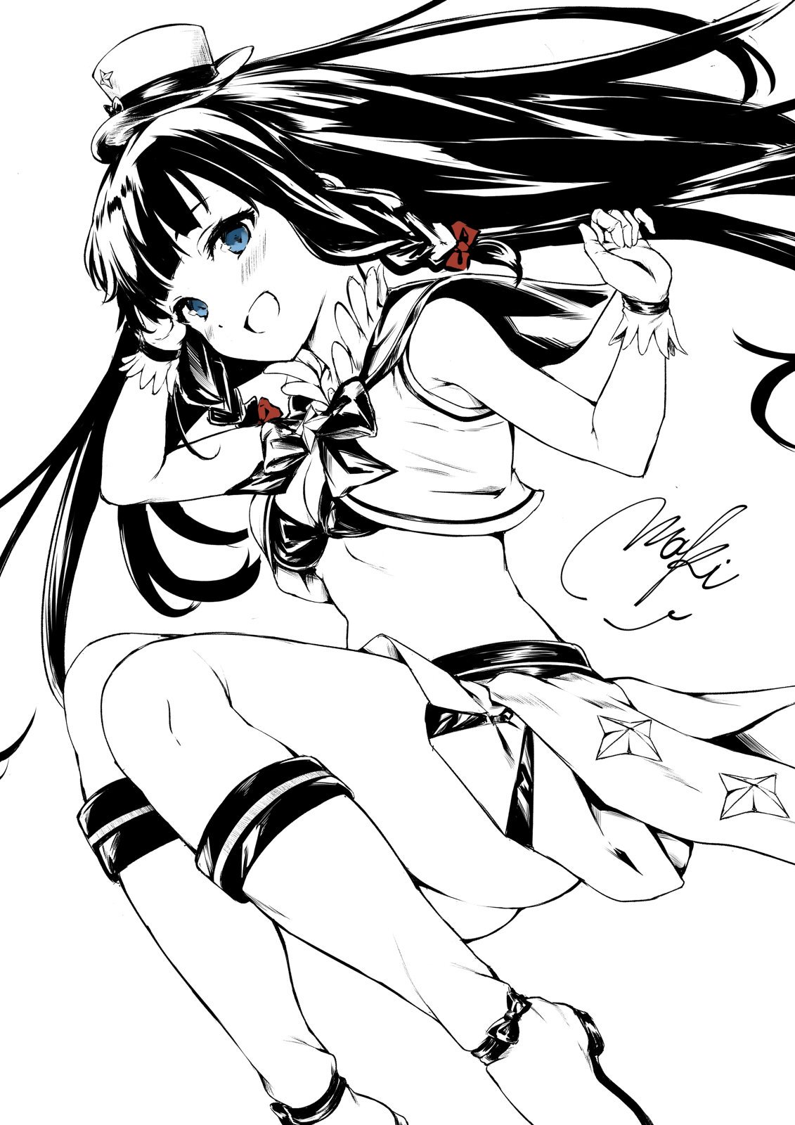 maki (maki pei), itsuki (houkago no pleiades), houkago no pleiades, commentary request, highres, 1girl, :d, ass, blue eyes, blunt bangs, blush, boots, bow, braid, breasts, cleavage, crop top, greyscale, hair bow, hand in own hair, hat, long hair, looking at viewer, magical girl, medium breasts, mini hat, monochrome, navel, open mouth, red bow, signature, simple background, skirt, smile, solo, spot color, star (symbol), twin braids, white background, wrist cuffs