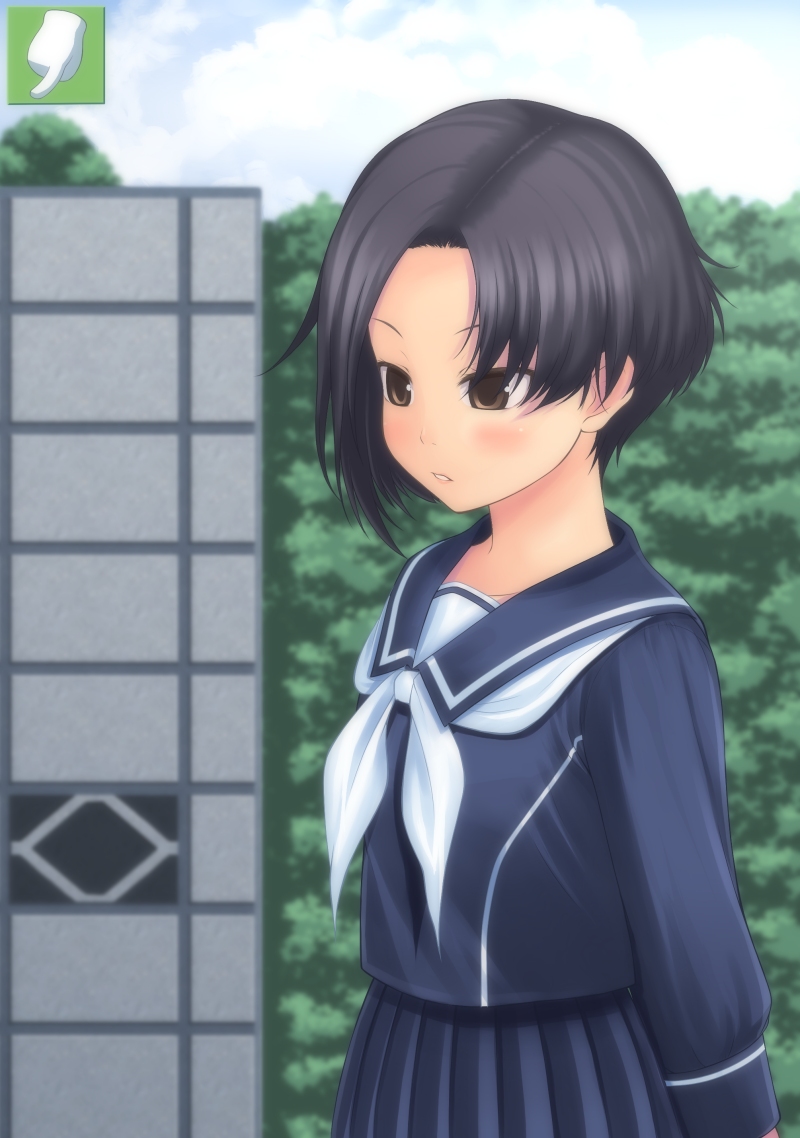 amamiya minato, kobayakawa rinko, love plus, bad id, bad pixiv id, 1girl, black hair, blush, brown eyes, female focus, school uniform, serafuku, sky, solo