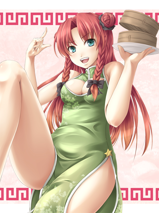 mochi.f, hong meiling, embodiment of scarlet devil, touhou, bad id, bad pixiv id, 1girl, bamboo steamer, bare shoulders, bow, braid, china dress, chinese clothes, cleavage cutout, clothing cutout, double bun, dress, female focus, green eyes, long hair, open mouth, red hair, solo, twin braids
