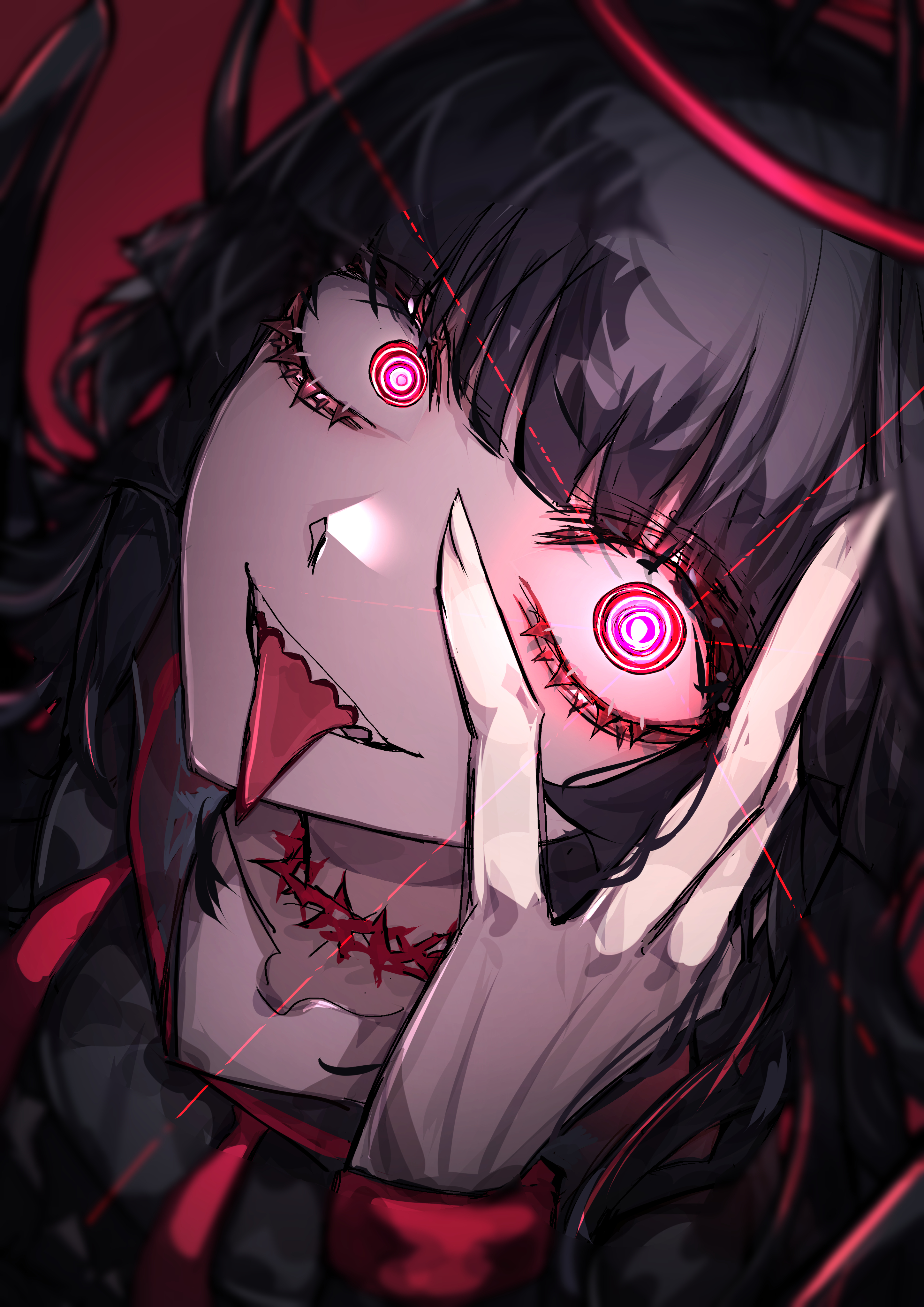 33 gaff, tsurugi (blue archive), blue archive, absurdres, commentary, highres, 1girl, @ @, ahoge, black hair, choker, collarbone, eye focus, glowing, glowing eye, halo, long hair, looking at viewer, low wings, open mouth, red background, red eyes, red halo, school uniform, sharp teeth, simple background, solo, teeth, tongue, tongue out, wings