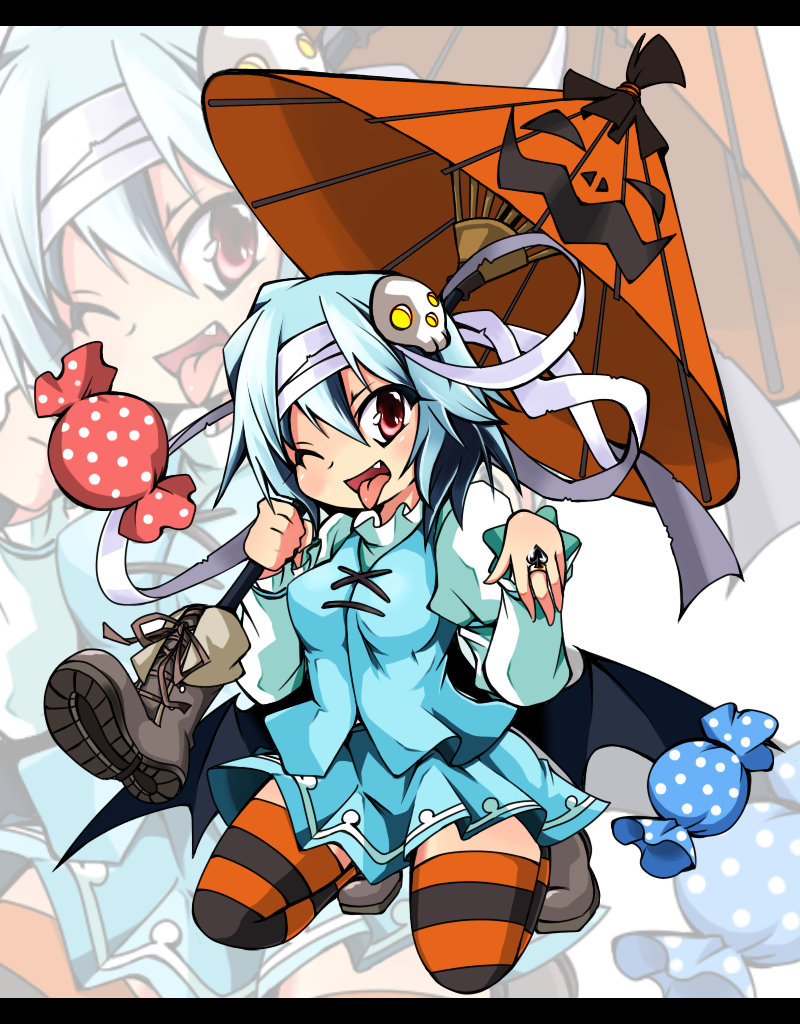 kotomuke fuurin, tatara kogasa, touhou, bad id, bad pixiv id, 1girl, :p, blue hair, female focus, food-themed clothes, full body, halloween, red eyes, short hair, solo, tongue, tongue out, umbrella, wink, zoom layer