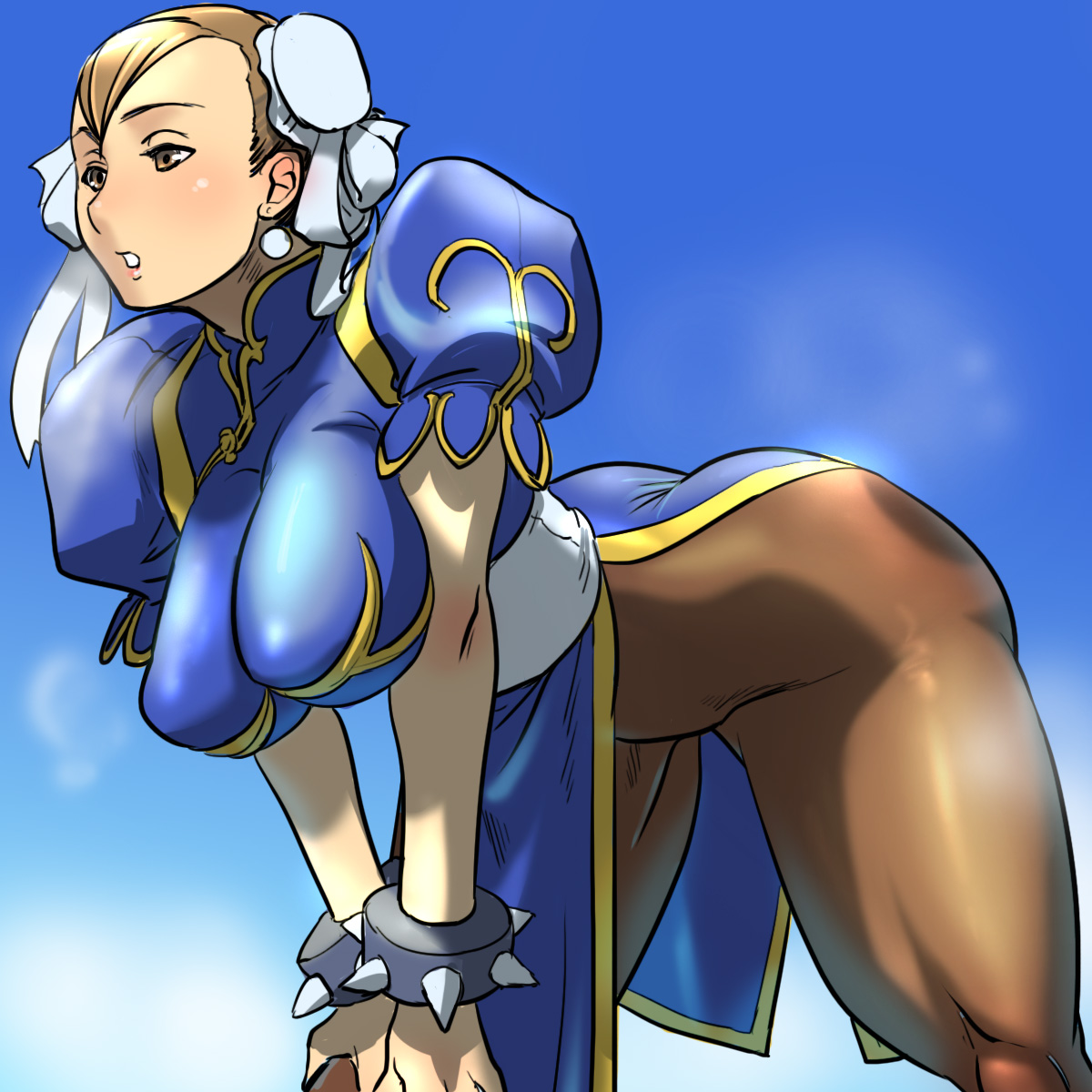 cosine, chun-li, capcom, street fighter, looking away, bad id, bad pixiv id, highres, 1girl, :o, ass, bent over, blush, bracelet, breasts, breath, brown eyes, brown hair, brown pantyhose, bun cover, china dress, chinese clothes, double bun, dress, earrings, female focus, from below, hair bun, hanging breasts, jewelry, large breasts, leggings, legs, muscular, no panties, open mouth, outdoors, pantyhose, pelvic curtain, puffy sleeves, short sleeves, sky, solo, spiked bracelet, spikes, standing, thick thighs, thighs