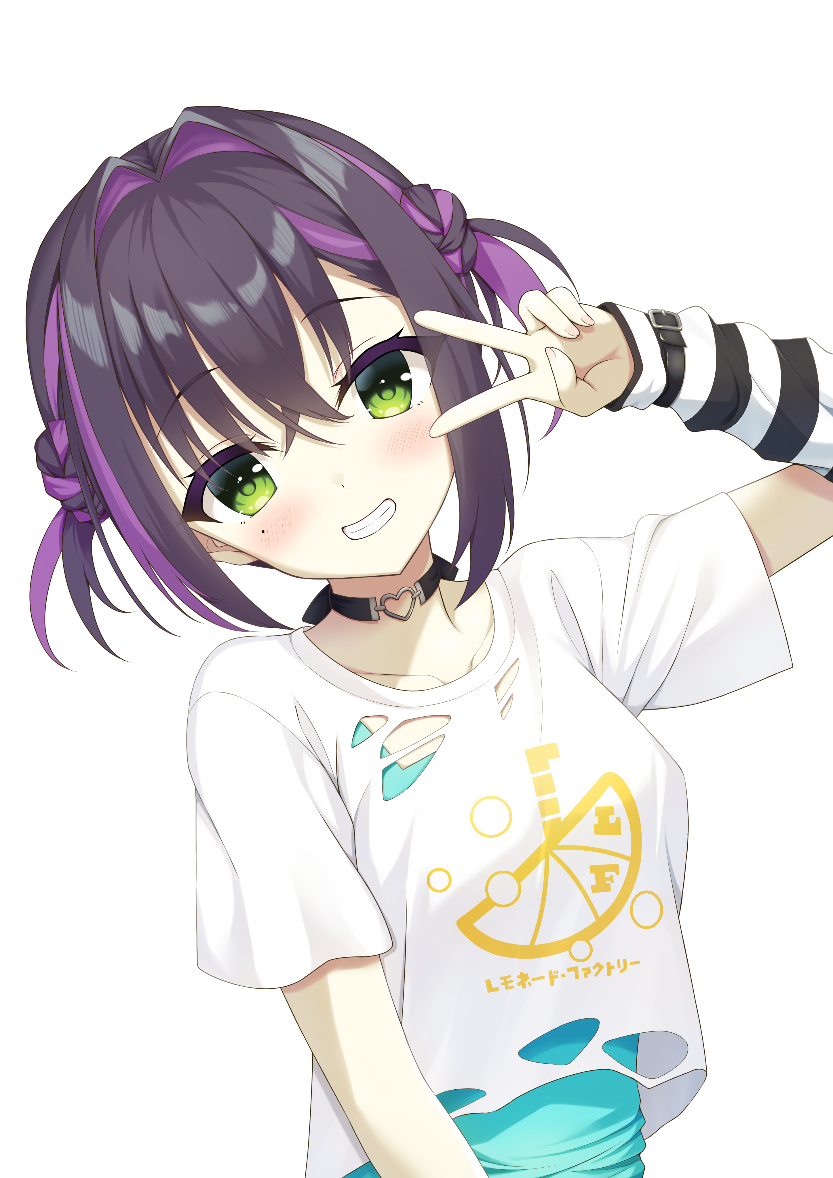 kiriyamaaoi, nabari anju, limelight lemonade jam, absurdres, commentary, highres, 1girl, :d, arm warmers, black choker, black hair, blush, choker, clothes writing, collarbone, crossed bangs, double bun, green eyes, grin, hair between eyes, hair bun, hair intakes, hand up, happy, heart, heart choker, heart o-ring, leaning to the side, looking at viewer, mole, mole under eye, multicolored hair, o-ring, o-ring choker, open mouth, purple hair, purple streaks, shirt, short sleeves, simple background, smile, solo, streaked hair, striped arm warmers, t-shirt, torn clothes, torn shirt, two-tone hair, two side up, upper body, v, v over eye, white background, white shirt