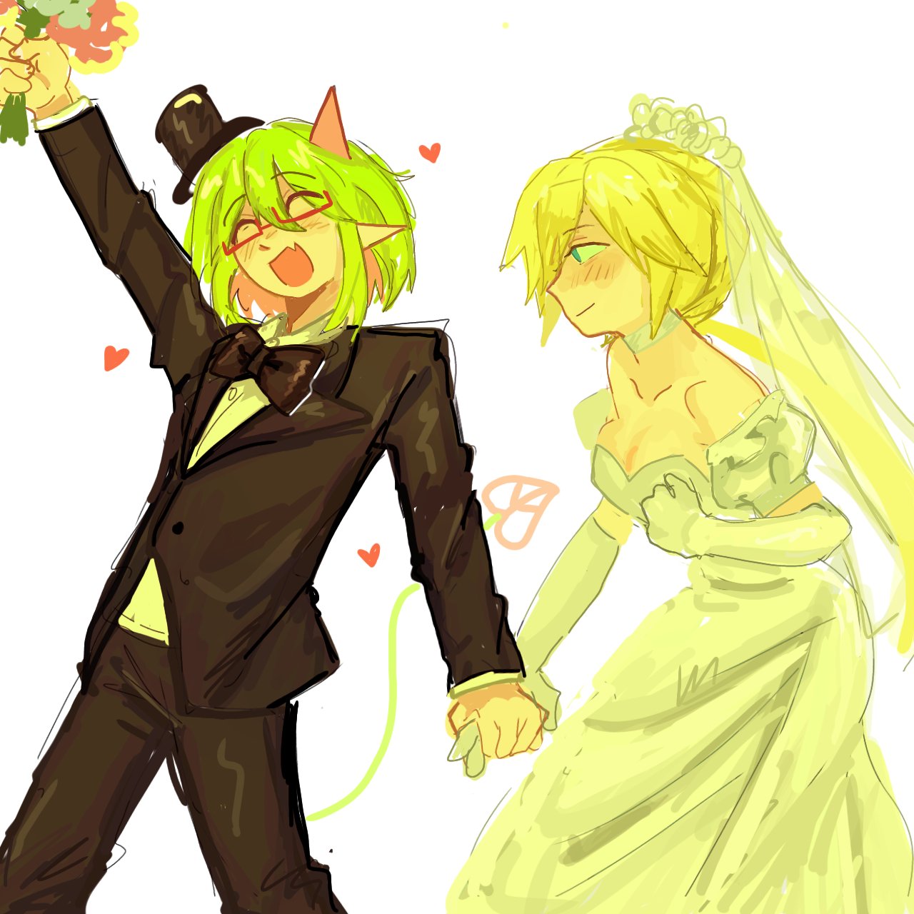 froze (funamusea), yosafire (funamusea), funamusea, haiiro teien, hashtag-only commentary, highres, 2girls, alternate costume, angel, blonde hair, blue eyes, blush, bouquet, bride, closed eyes, demon girl, demon horns, dress, dummamay, flower, glasses, gloves, green hair, groom, hat, heart, holding hands, horns, long hair, multiple girls, open mouth, pointy ears, red-framed eyewear, short hair, simple background, smile, standing, tail, top hat, tuxedo, veil, walking, wedding, wedding dress, white background, white dress, yuri
