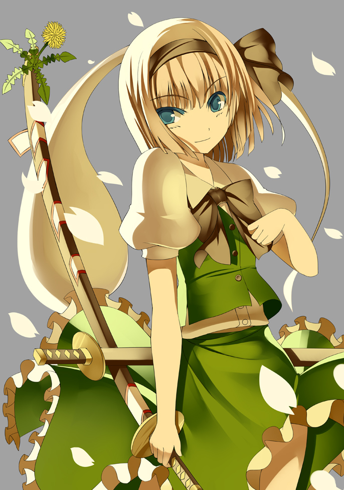 kureha (ironika), konpaku youmu, konpaku youmu (ghost), kureha, touhou, silver hair, 1girl, blue eyes, cherry blossoms, clothes lift, colored eyelashes, dandelion, eyelashes, female focus, flower, hairband, katana, petals, ribbon, short hair, skirt, skirt lift, smile, solo, sword, weapon