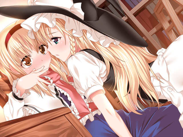 suzume inui, alice margatroid, kirisame marisa, touhou, bad id, bad pixiv id, 2girls, blonde hair, blush, braid, female focus, hairband, hat, multiple girls, witch hat, yuri