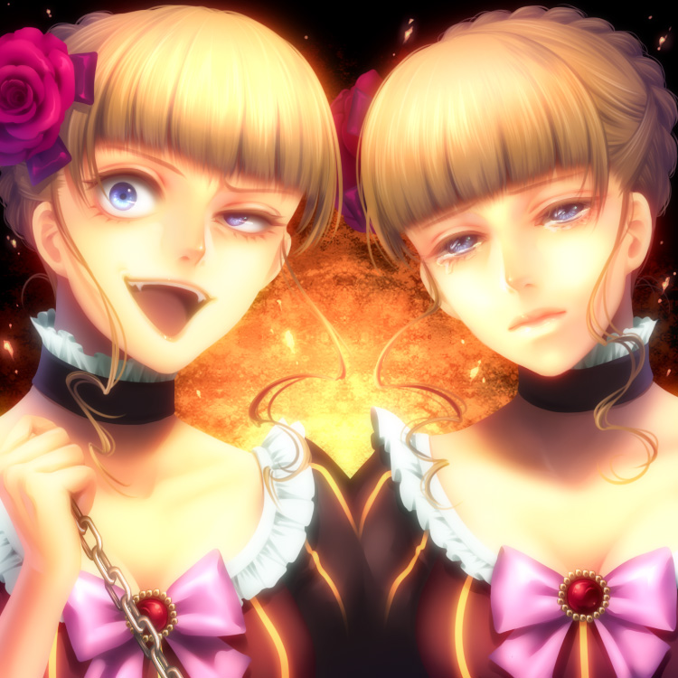 kayu, beatrice (umineko), umineko no naku koro ni, 00s, 2girls, blonde hair, blue eyes, bow, chain, choker, crazy eyes, dual persona, fang, fangs, flower, multiple girls, pink bow, rose, tears, troll face, uneven eyes