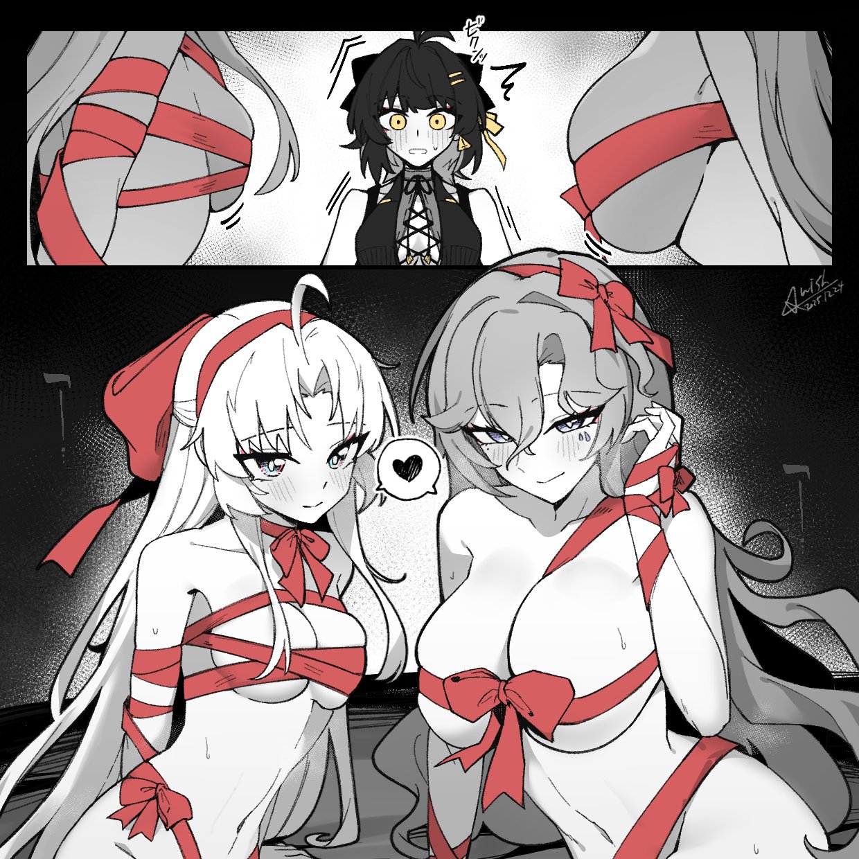 starblame, cantarella (wuthering waves), carlotta (wuthering waves), female rover (wuthering waves), rover (wuthering waves), wuthering waves, commentary request, highres, paid reward available, 3girls, ahoge, aqua eyes, bare shoulders, blush, bow, breasts, closed mouth, dated, earrings, facial mark, hair between eyes, hair bow, hair ornament, hair ribbon, hairband, hairclip, hand up, heart, jewelry, large breasts, long hair, looking at viewer, mark under eye, medium breasts, mole, mole under eye, multiple girls, naked ribbon, navel, parallel hairclips, parted bangs, parted lips, red bow, red hairband, ribbon, signature, smile, spoken heart, stomach, sweat, triangle earrings, yellow eyes, yellow ribbon, yuri