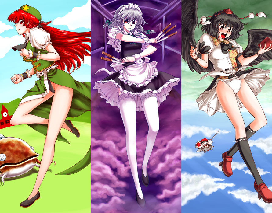 miyamoto ryuuichi, hong meiling, inubashiri momiji, izayoi sakuya, namazu (touhou), shameimaru aya, touhou, touhou hisoutensoku, 4girls, apron, black hair, black panties, braid, catfish, female focus, fish, geta, grey hair, knife, legs, long hair, maid, maid apron, maid headdress, multiple girls, panties, red hair, tengu-geta, thighhighs, throwing knife, twin braids, underwear, upskirt, weapon, white panties, zettai ryouiki