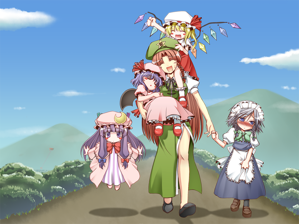 iganseijin, flandre scarlet, hong meiling, izayoi sakuya, patchouli knowledge, remilia scarlet, embodiment of scarlet devil, touhou, silver hair, 5girls, :d, ^ ^, aged down, apron, apron grab, bat wings, blonde hair, blue eyes, blue hair, blunt bangs, blush, blush stickers, bobby socks, bored, bow, braid, carrying, child, china dress, chinese clothes, clenched hand, closed eyes, clothes grab, cloud, crescent, crescent moon, crotch grab, day, dress, embarrassed, fang, female focus, floating, flying, hair bow, hand up, happy, hat, hat bow, head tilt, holding hands, legs, long hair, maid, maid apron, maid headdress, mary janes, moon, mountain, multiple girls, no nose, open mouth, outdoors, outstretched arms, ponytail, purple eyes, purple hair, raised fist, red eyes, red hair, shadow, shoes, short hair, shoulder carry, side ponytail, side slit, sky, sleeping, smile, socks, spread arms, star (symbol), sweatdrop, twin braids, very long hair, walking, wings