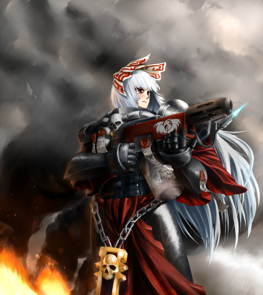 eien no sai tori, adepta sororitas, aquila, fujiwara no mokou, inquisition (warhammer), sisters of battle, touhou, warhammer 40k, silver hair, bad id, bad pixiv id, 1girl, armor, bird, bow, chain, crossover, female focus, fire, flamethrower, fleur-de-lis, hair bow, long hair, pauldrons, phoenix, power armor, purity seal, red eyes, shoulder armor, skull, solo, wax seal, weapon