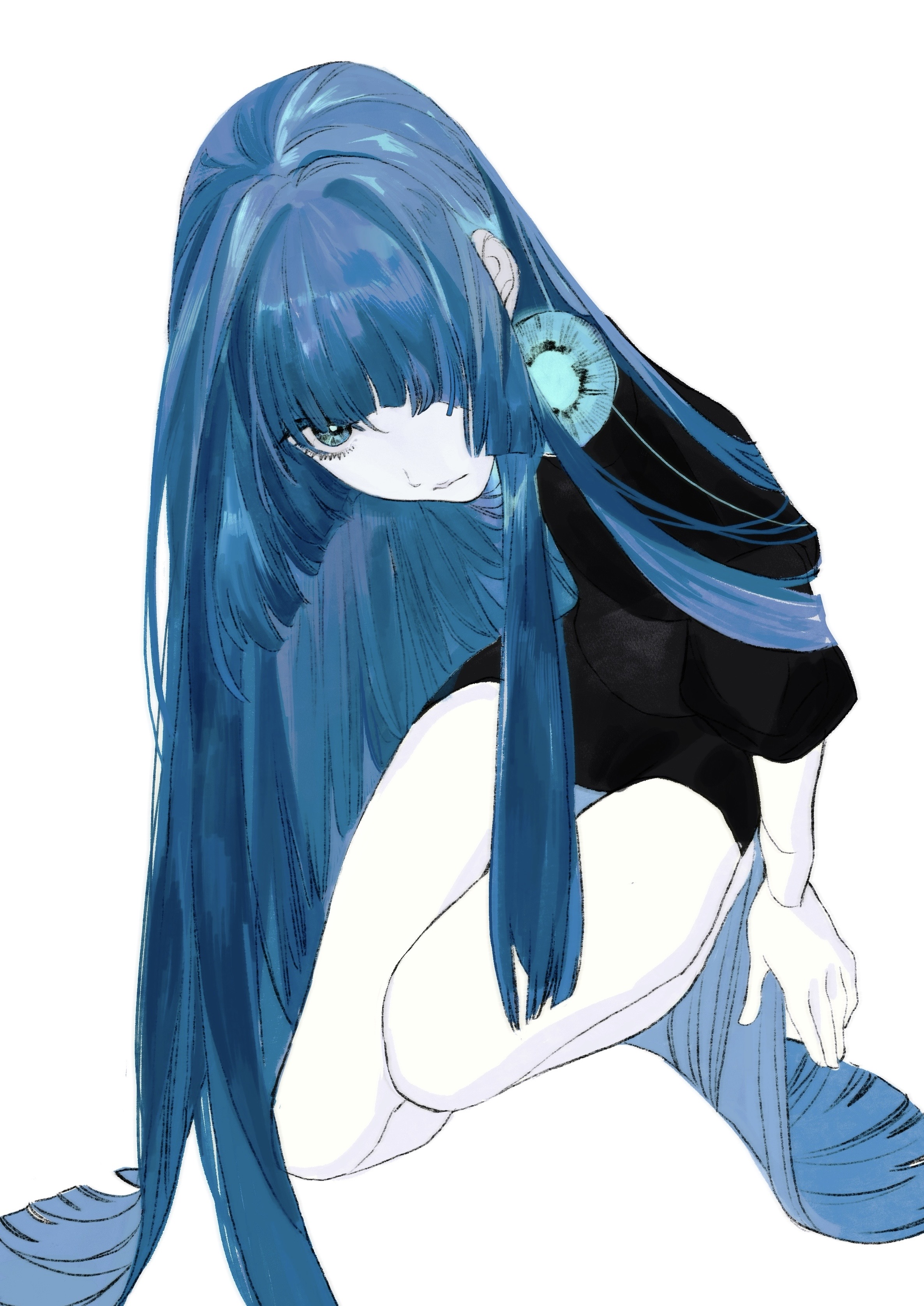 opood, lapis lazuli (houseki no kuni), houseki no kuni, absurdres, commentary request, highres, 1other, bare legs, black shirt, black shorts, blue eyes, blue hair, colored skin, earrings, gem uniform (houseki no kuni), jewelry, limited palette, long hair, looking at viewer, other focus, puffy short sleeves, puffy sleeves, shirt, short shorts, short sleeves, shorts, simple background, sitting, skinny, solo, thighs, very long hair, white background, white skin