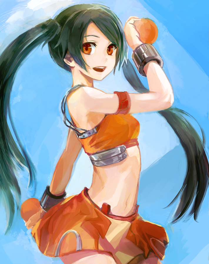 conjaku, arancia, original, 1girl, bare shoulders, cowboy shot, female focus, food, fruit, holding, holding food, holding fruit, long hair, looking at viewer, midriff, navel, open mouth, orange (fruit), orange eyes, orange skirt, skirt, smile, solo, twintails