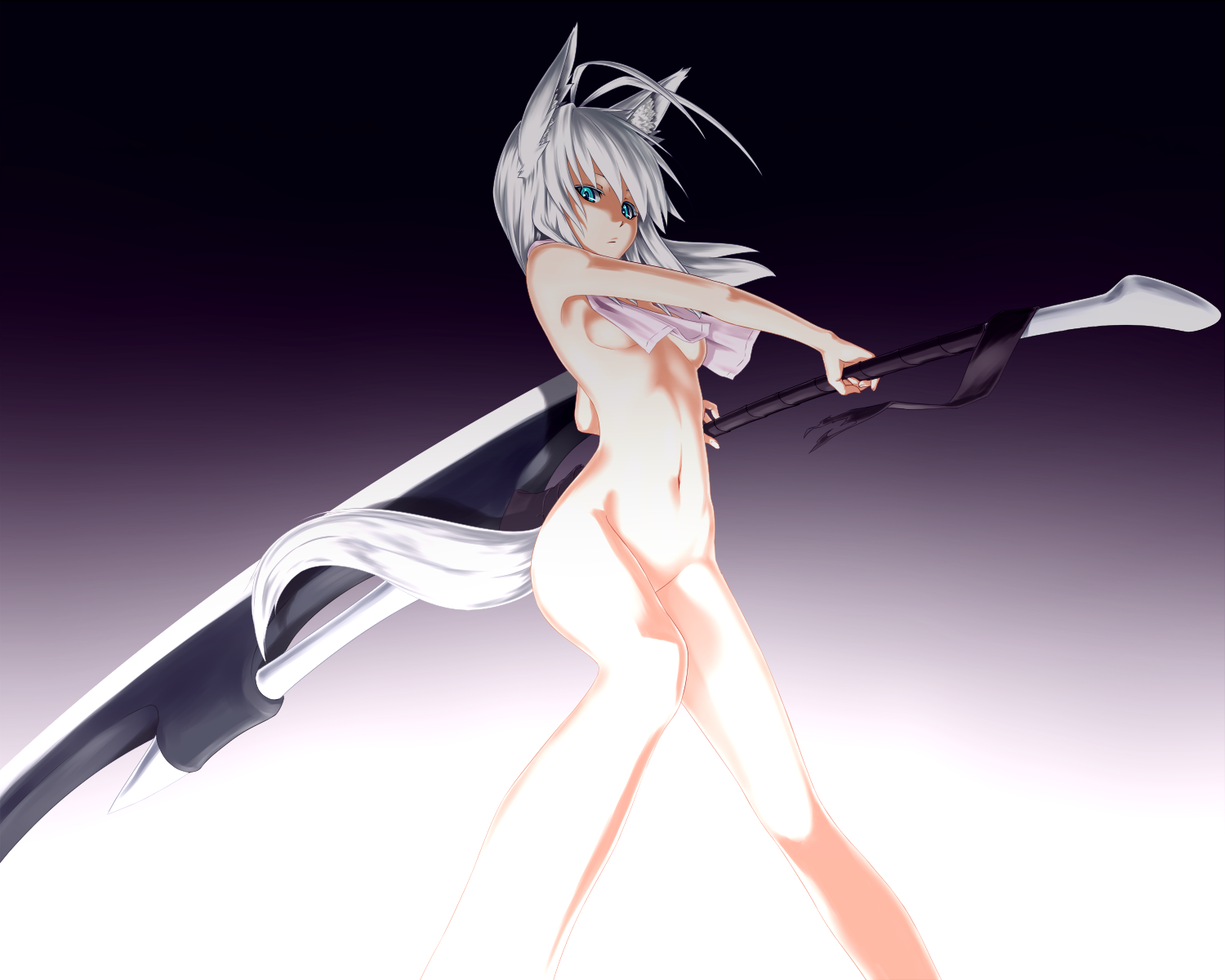 kentairui, mitsuha (kenntairui), mitsuha (kentairui), original, highres, 1girl, animal ears, female focus, green eyes, grey hair, huge weapon, long hair, nude, solo, sword, tail, weapon, wolf ears, wolf tail