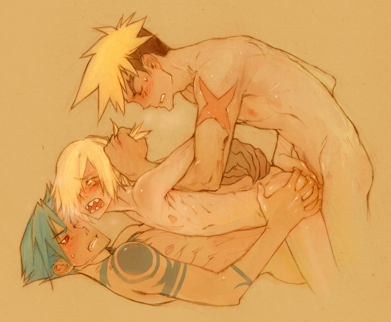 kamina (ttgl), kittan bachika, viral (ttgl), tengen toppa gurren lagann, ass grab, 00s, 3boys, anal, ass, blonde hair, blue hair, blush, closed eyes, double anal, double penetration, grabbing another's hair, group sex, holding another's hair, male focus, male penetrated, mmm threesome, multiple anal, multiple boys, multiple insertions, multiple penetration, nude, one eye closed, rape, red eyes, scar, sex, sweat, sweatdrop, tattoo, tears, threesome, uncensored, wince, wink, yaoi