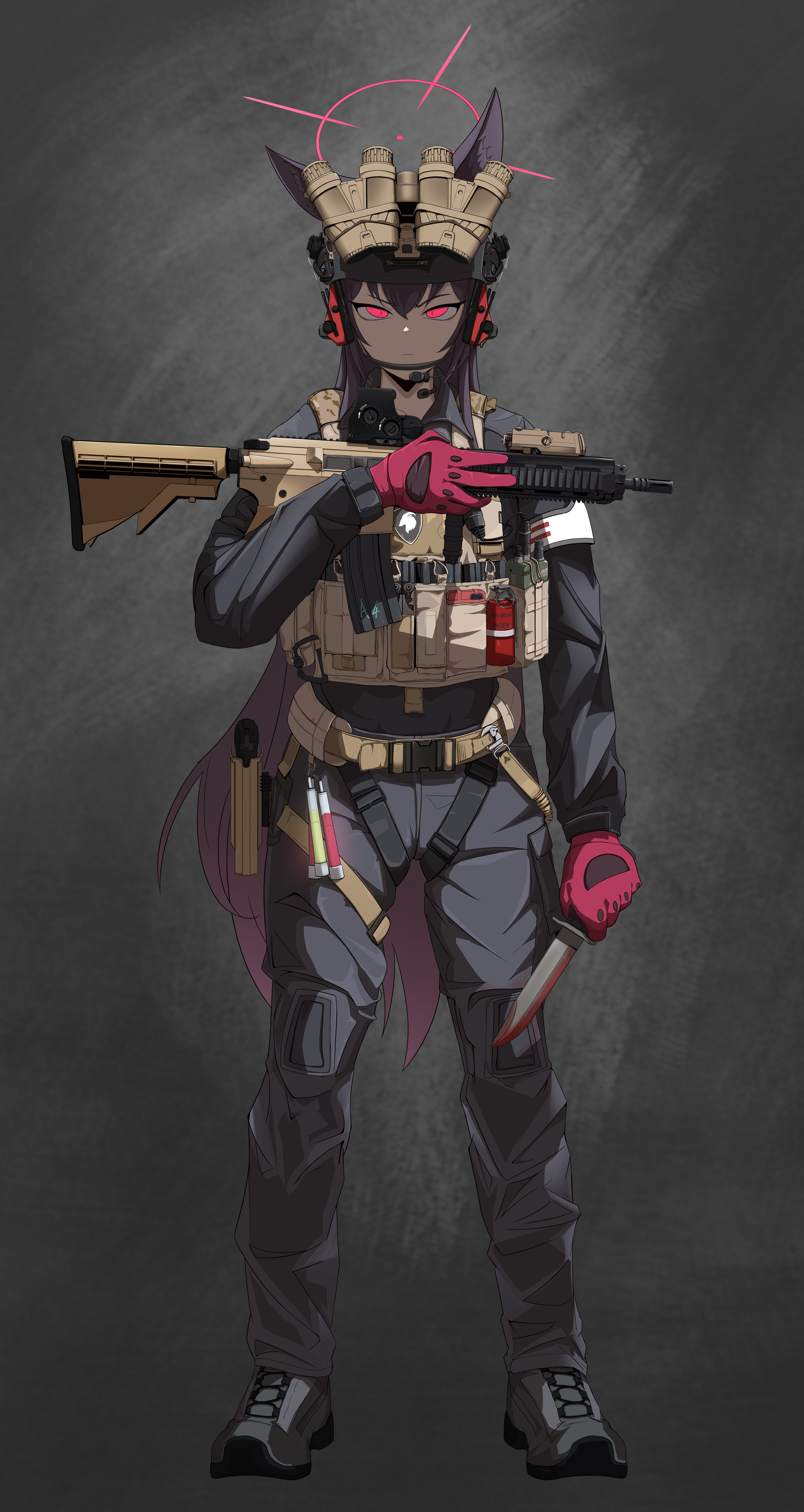 yukino (blue archive), blue archive, original, absurdres, commentary request, highres, 1girl, animal ear fluff, animal ears, assault rifle, belt, black boots, black suit, blood, bloody knife, bloody weapon, boots, bulletproof vest, eotech, explosive, formal clothes, fox ears, fox girl, fox platoon (blue archive), fox tail, furrowed brow, gloves, glowing, glowing eyes, grenade, grey hair, grey tail, gun, h&k hk416, halo, headphones, holding, holding gun, holding knife, holding weapon, implied extra ears, knife, laser sight, looking at viewer, magazine (weapon), microphone, military, military combat uniform, military uniform, night vision device, odi, radio, red eyes, red gloves, red halo, rifle, solo, standing, suit, tactical clothes, tail, weapon