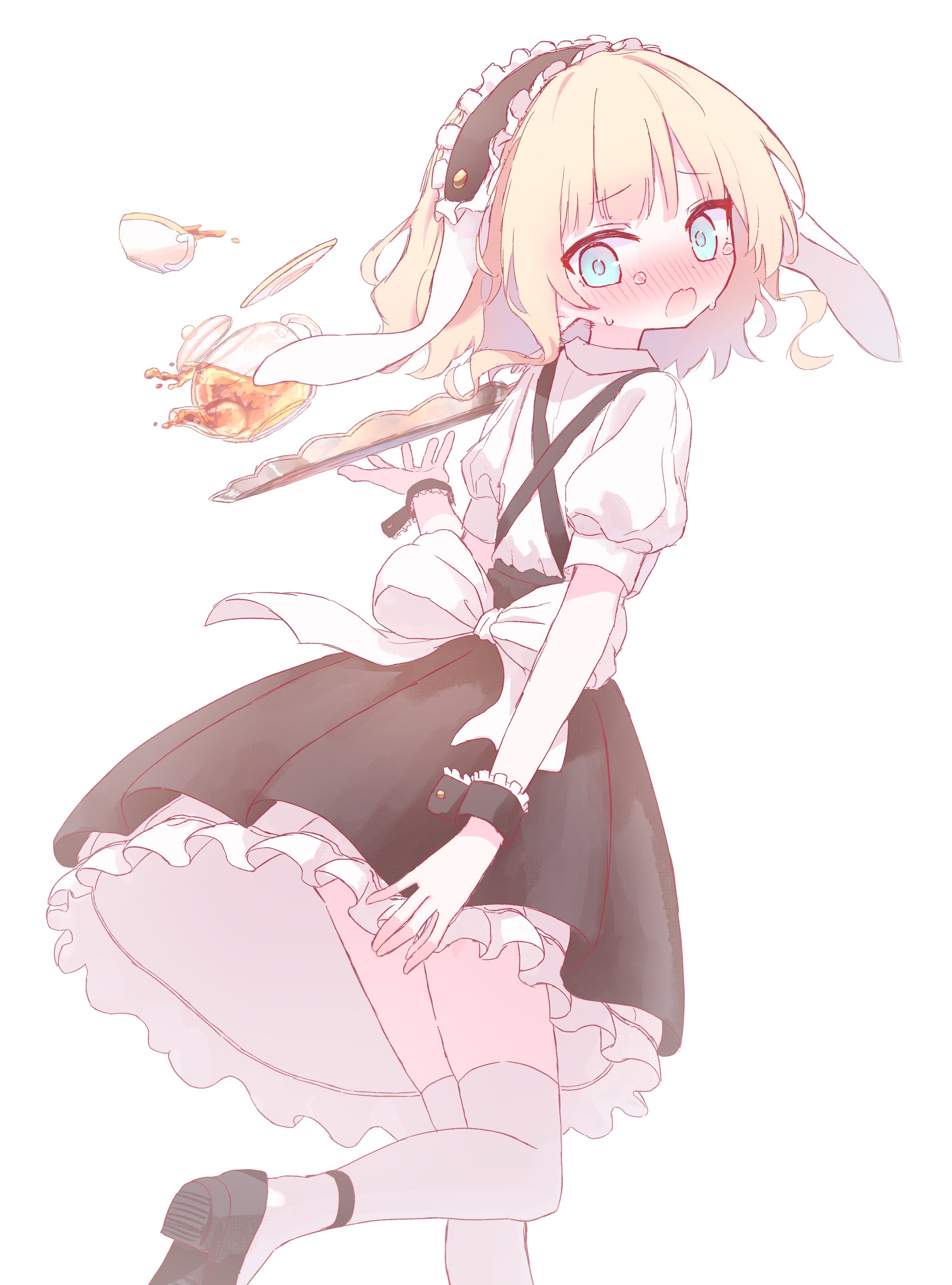moron (miroir1120), kirima syaro, gochuumon wa usagi desu ka?, absurdres, highres, 1girl, animal ears, ankle strap, apron, aqua eyes, ass peek, black apron, black dress, black hairband, black straps, black wrist cuffs, blonde hair, blunt bangs, blush, bow, buttons, collared shirt, cup, d:, dress, fleur de lapin uniform, floating hair, frilled hairband, frills, furrowed brow, glass teapot, gold buttons, gold trim, hairband, leg up, loafers, lolita hairband, looking back, lop rabbit ears, maid headdress, medium hair, nervous sweating, open mouth, outline, plate, puffy short sleeves, puffy sleeves, rabbit ears, red outline, shirt, shoes, short sleeves, sidelocks, simple background, skindentation, solo, spilling, standing, standing on one leg, sweat, teacup, teapot, tearing up, thighhighs, tray, upskirt, wavy mouth, white background, white bow, white dress, white hairband, white shirt, white thighhighs, wrist cuffs