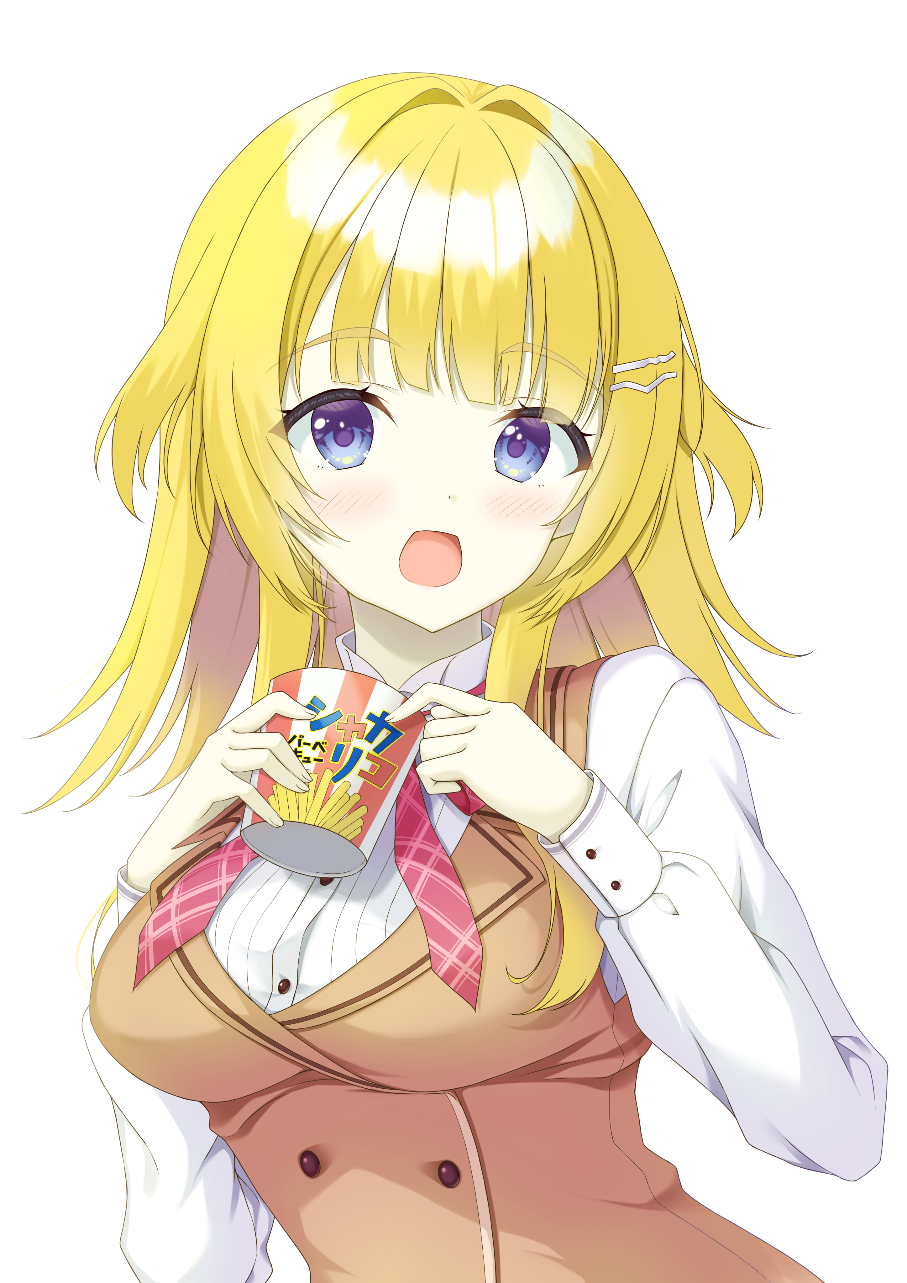 kiriyamaaoi, limelight lemonade jam, absurdres, commentary, highres, 1girl, :d, blonde hair, blue eyes, blunt bangs, blush, breasts, brown vest, buttons, collared shirt, cup, double-breasted, dress shirt, food, french fries, hair intakes, hair ornament, hairclip, hands up, holding, holding cup, large breasts, long hair, long sleeves, looking at viewer, neck ribbon, open mouth, parallel hairclips, plaid ribbon, red ribbon, ribbon, school uniform, shimakoshi tsukimi, shirt, sidelocks, simple background, smile, solo, upper body, vest, white background, white shirt