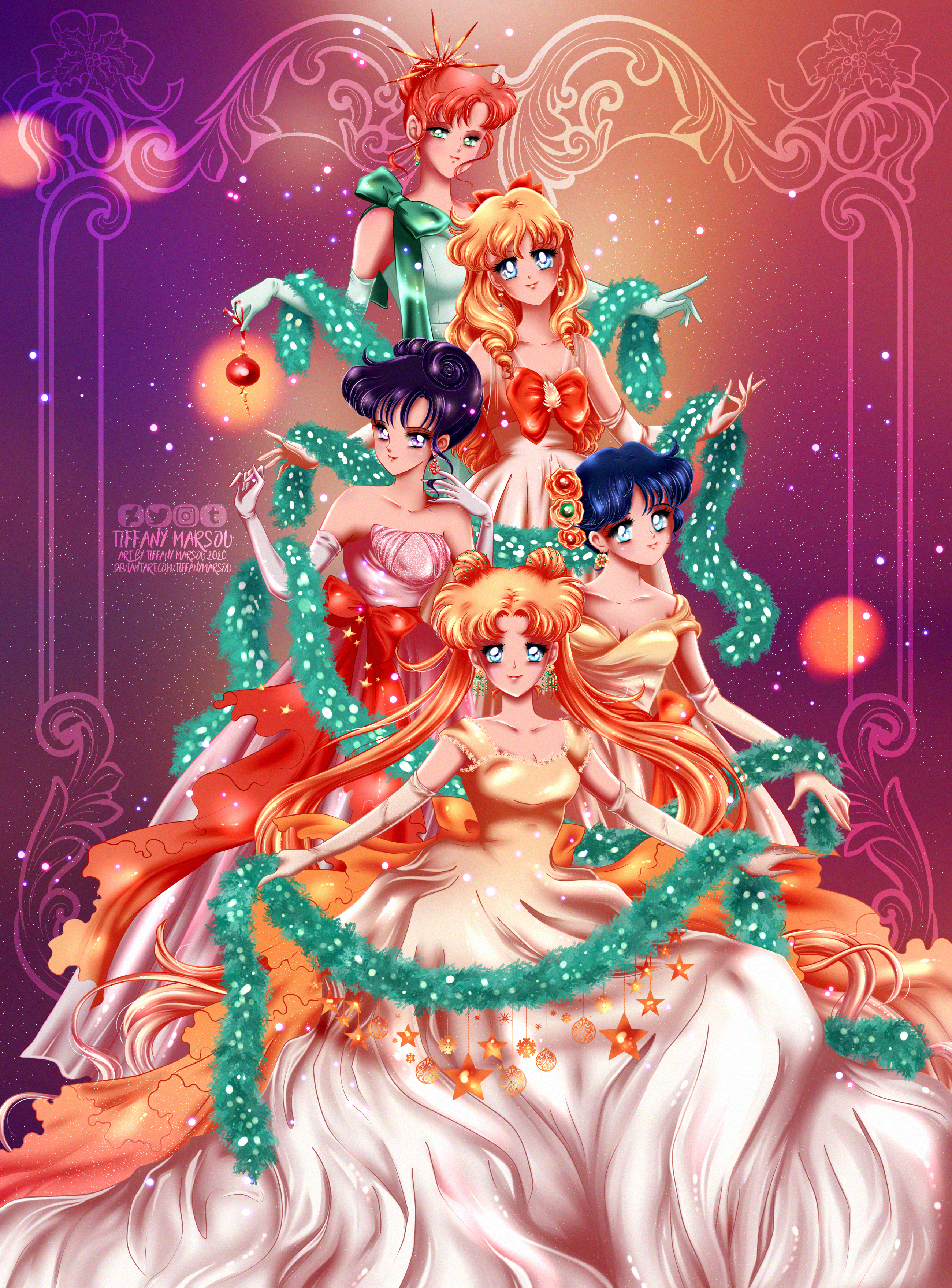 tiffany marsou, aino minako, hino rei, kino makoto, mizuno ami, tsukino usagi, bishoujo senshi sailor moon, 5girls, alternate hairstyle, black hair, blonde hair, blue eyes, blue hair, bow, brown hair, christmas, christmas ornaments, crown, curly hair, dress, earrings, gloves, gold crown, gold dress, gold gloves, green dress, green eyes, green gloves, hair bow, hair tied up, jewelry, multiple girls, odango hair, purple eyes, watermark, white dress, white gloves