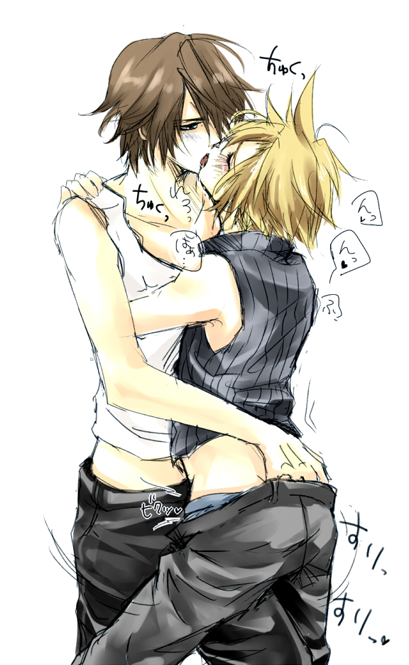 cloud strife, squall leonhart, final fantasy, final fantasy vii, ass grab, 1990s (style), 2boys, ass, blonde hair, blush, brown hair, closed eyes, heart, kiss, male focus, multiple boys, saliva, yaoi