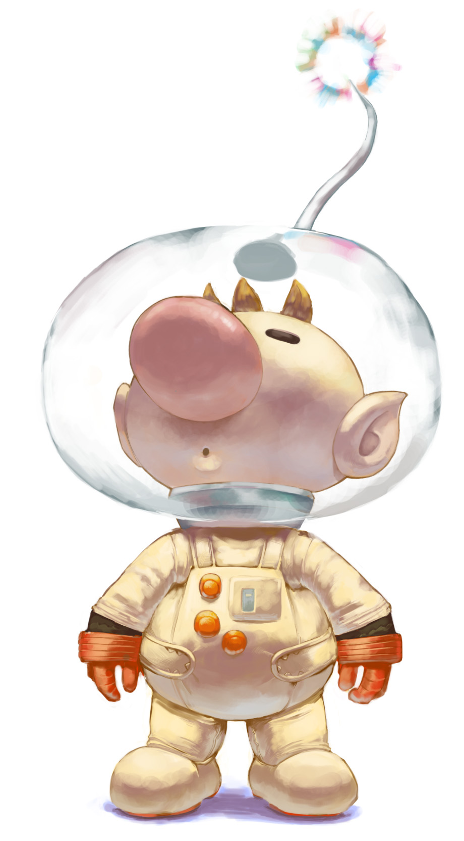kudan (taiki0701), olimar, nintendo, pikmin (series), highres, 1boy, :o, antennae, astronaut, black eyes, blonde hair, close-up, full body, gloves, helmet, looking up, male focus, open mouth, pointy ears, red gloves, simple background, solo, space helmet, spacesuit, standing, white background