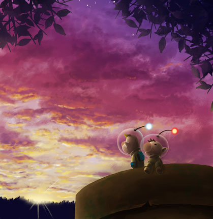 koma (side), side/koma, louie (pikmin), olimar, nintendo, pikmin (series), pikmin 2, lowres, 2boys, alien, blonde hair, brown hair, cloud, helmet, multiple boys, nose, outdoors, pointy ears, sky, spacesuit, star (sky), sunset, tree